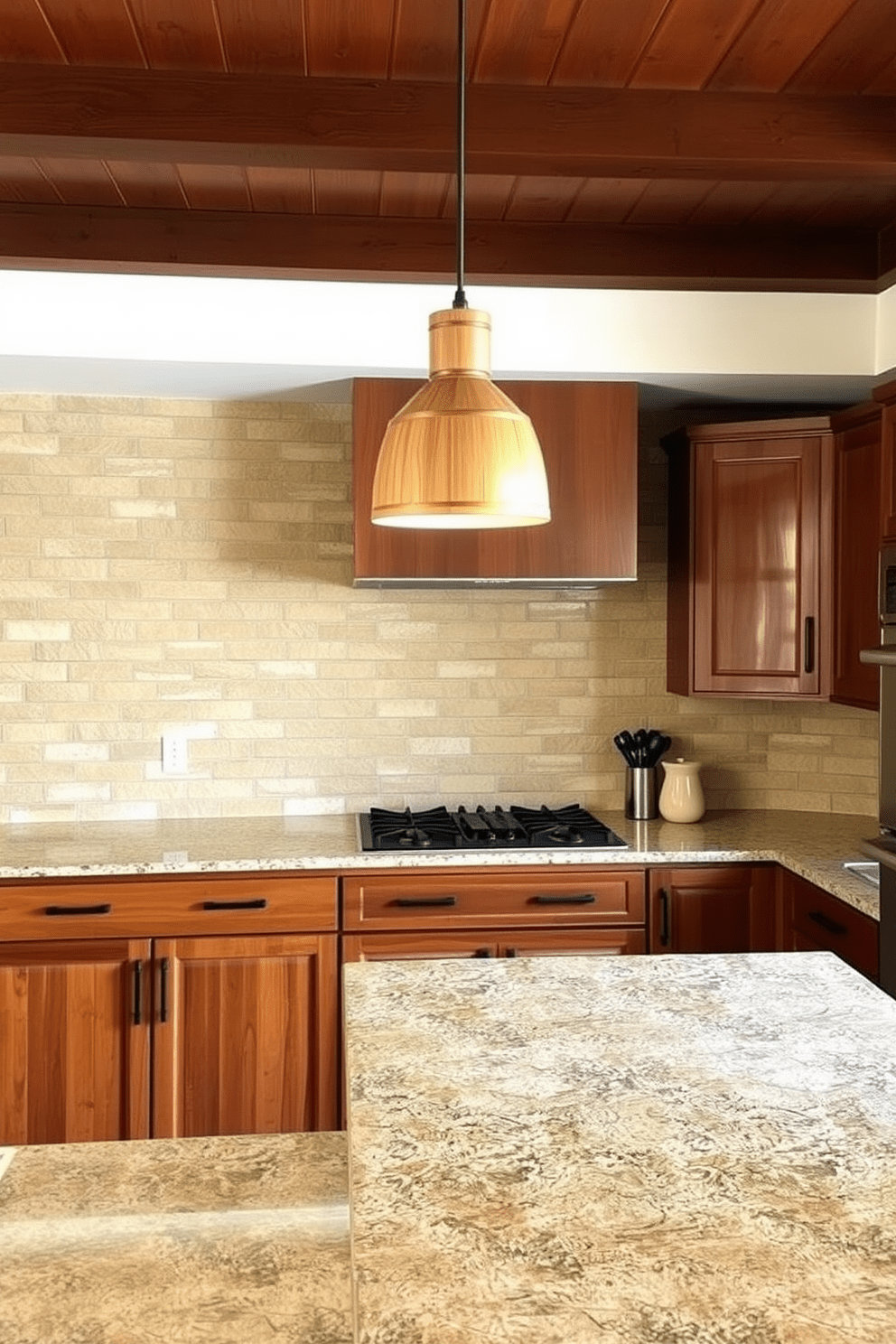 A cozy kitchen space featuring natural stone tiles that create an organic feel. The walls are adorned with textured stone tiles in earthy tones, complementing the warm wooden cabinetry. The countertops are made of polished granite, providing a sleek contrast to the rustic wall tiles. Pendant lights with a natural wood finish hang above the kitchen island, enhancing the inviting atmosphere.