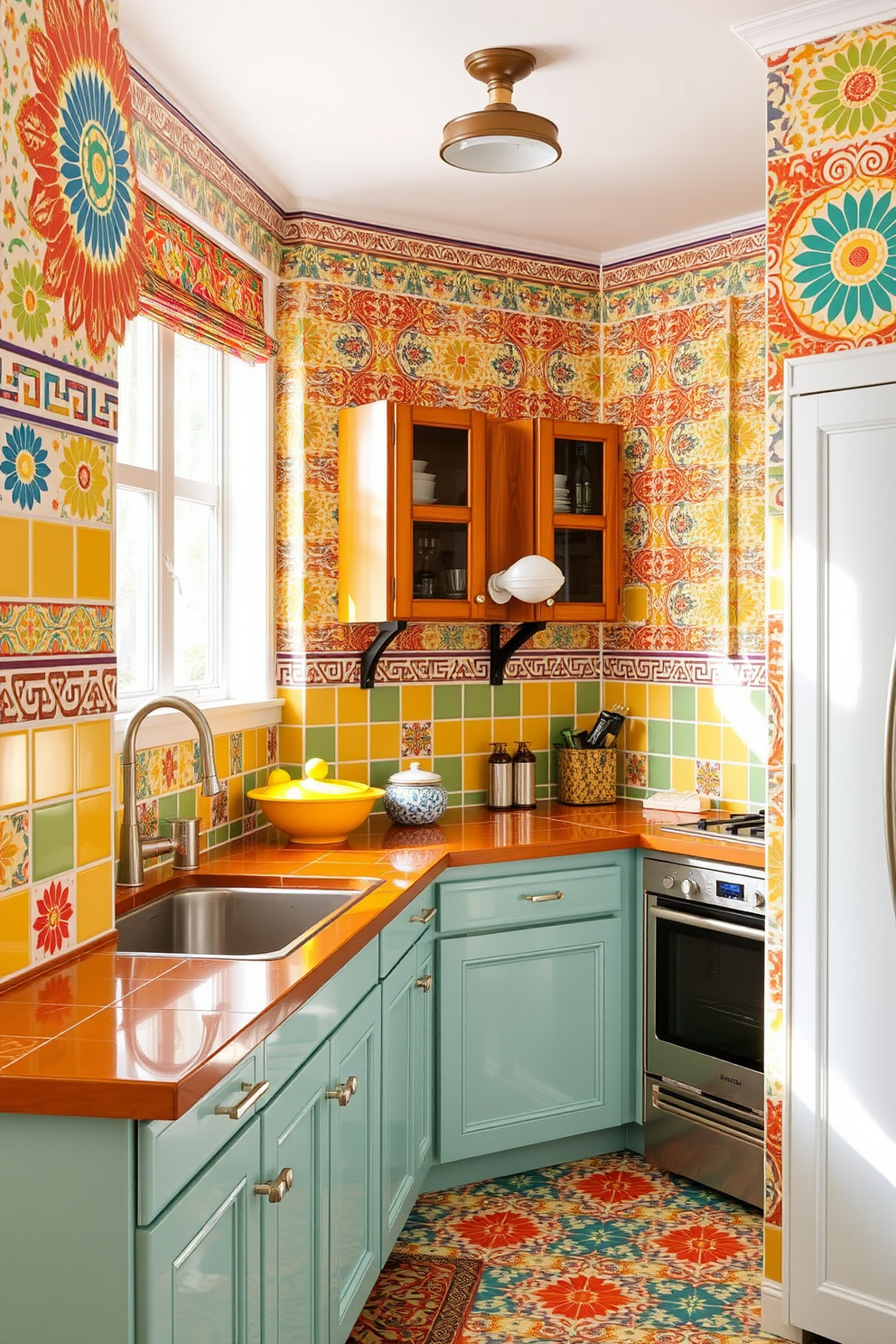 Brightly colored ceramic tiles create a cheerful atmosphere in the kitchen. The walls are adorned with vibrant patterns that add energy and warmth to the space, complementing the cabinetry and fixtures.