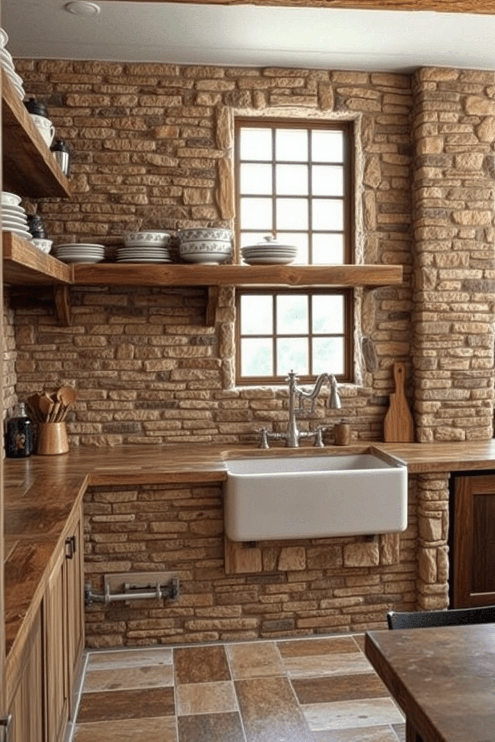 Textured stone tiles create a warm and inviting atmosphere in a rustic kitchen. The walls are adorned with various shades of earthy stone, enhancing the natural charm of the space. The kitchen features open shelving made of reclaimed wood, showcasing artisanal dishware. A large farmhouse sink sits beneath a window, allowing natural light to illuminate the textured tiles and wooden accents.