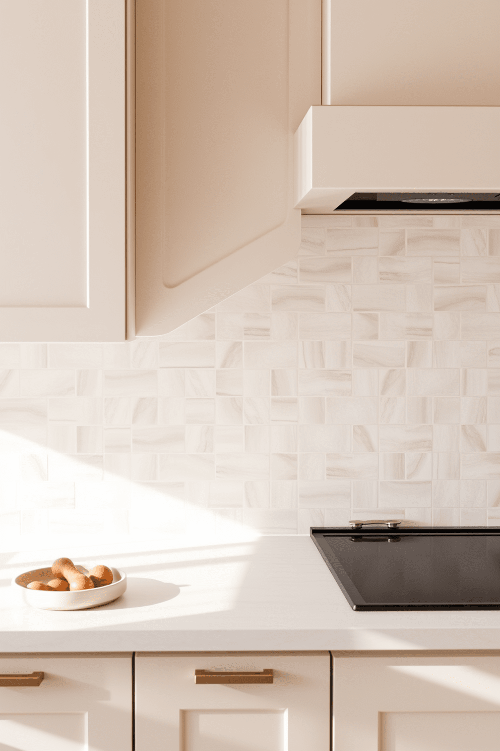 A serene kitchen space featuring neutral-toned wall tiles that create a calming atmosphere. The tiles are arranged in a subtle geometric pattern, complementing the soft beige cabinetry and natural wood accents. The backsplash showcases a mix of matte and glossy finishes to add depth and texture. Soft lighting illuminates the space, highlighting the elegance of the tile design while enhancing the overall tranquility of the kitchen.