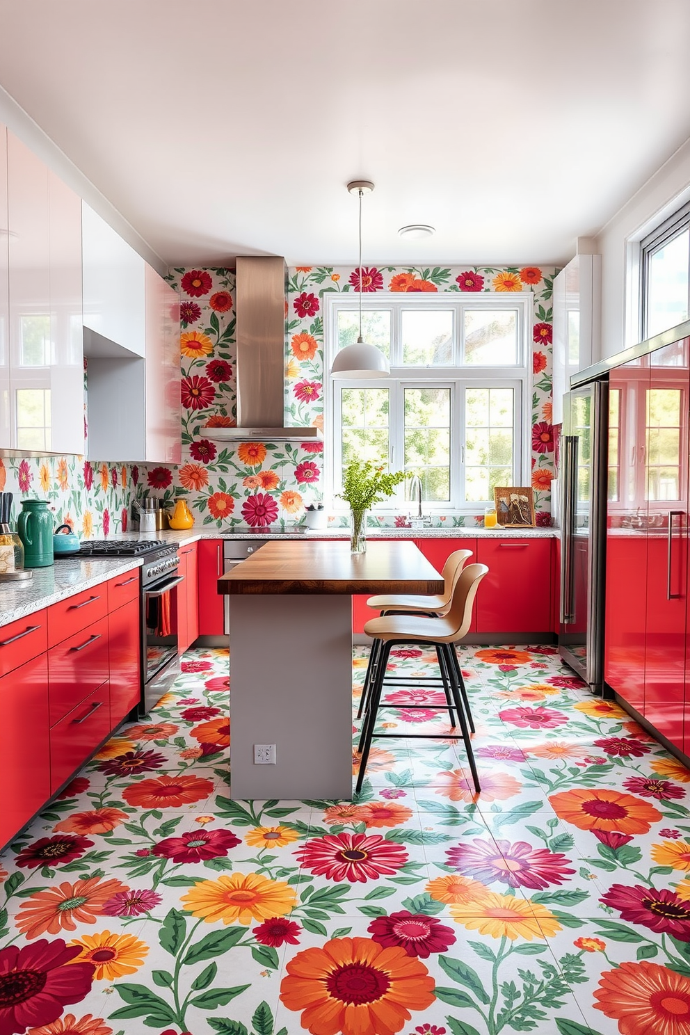 A vibrant kitchen space featuring bold floral tiles that create a fresh and lively atmosphere. The tiles are arranged in a striking pattern, complementing sleek cabinetry and modern appliances. Natural light floods the room through large windows, highlighting the colorful tiles and enhancing the overall brightness. A wooden island with bar stools sits in the center, providing a functional and inviting area for cooking and entertaining.