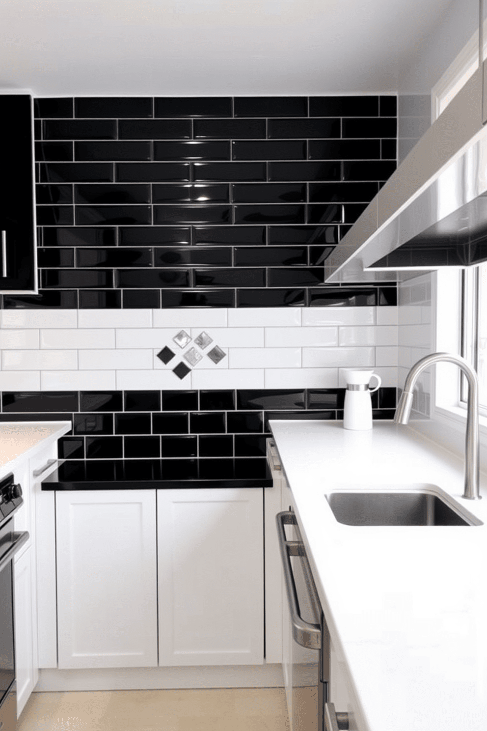 A modern kitchen featuring black and white tiles that create a striking contrast. The walls are adorned with glossy black subway tiles paired with matte white accents, enhancing the sleek design. The backsplash showcases a geometric pattern that draws the eye, while the countertops are a solid white quartz. Stainless steel appliances complement the bold tile choices, creating a cohesive and stylish look.