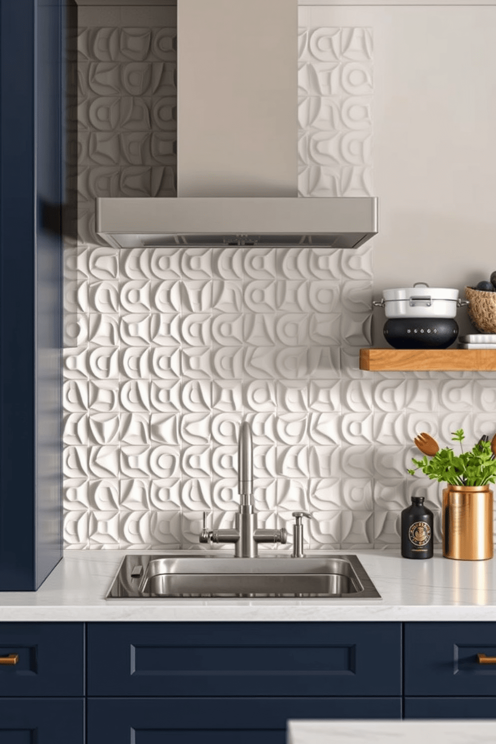 Textured 3D tiles create a stunning focal point in the kitchen, enhancing the overall aesthetic with their unique patterns and depth. These tiles can be arranged in various styles, from geometric shapes to organic forms, allowing for endless design possibilities. Incorporating a mix of colors and finishes can elevate the visual interest of the kitchen space. Consider pairing matte tiles with glossy accents to create a dynamic contrast that draws the eye.