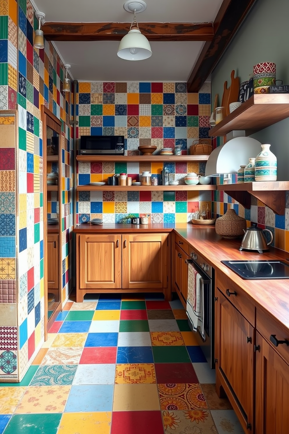 A vibrant kitchen featuring colorful patchwork tiles that create an eclectic atmosphere. The walls are adorned with a mix of bold patterns and hues, complementing the rustic wooden cabinetry and open shelving.