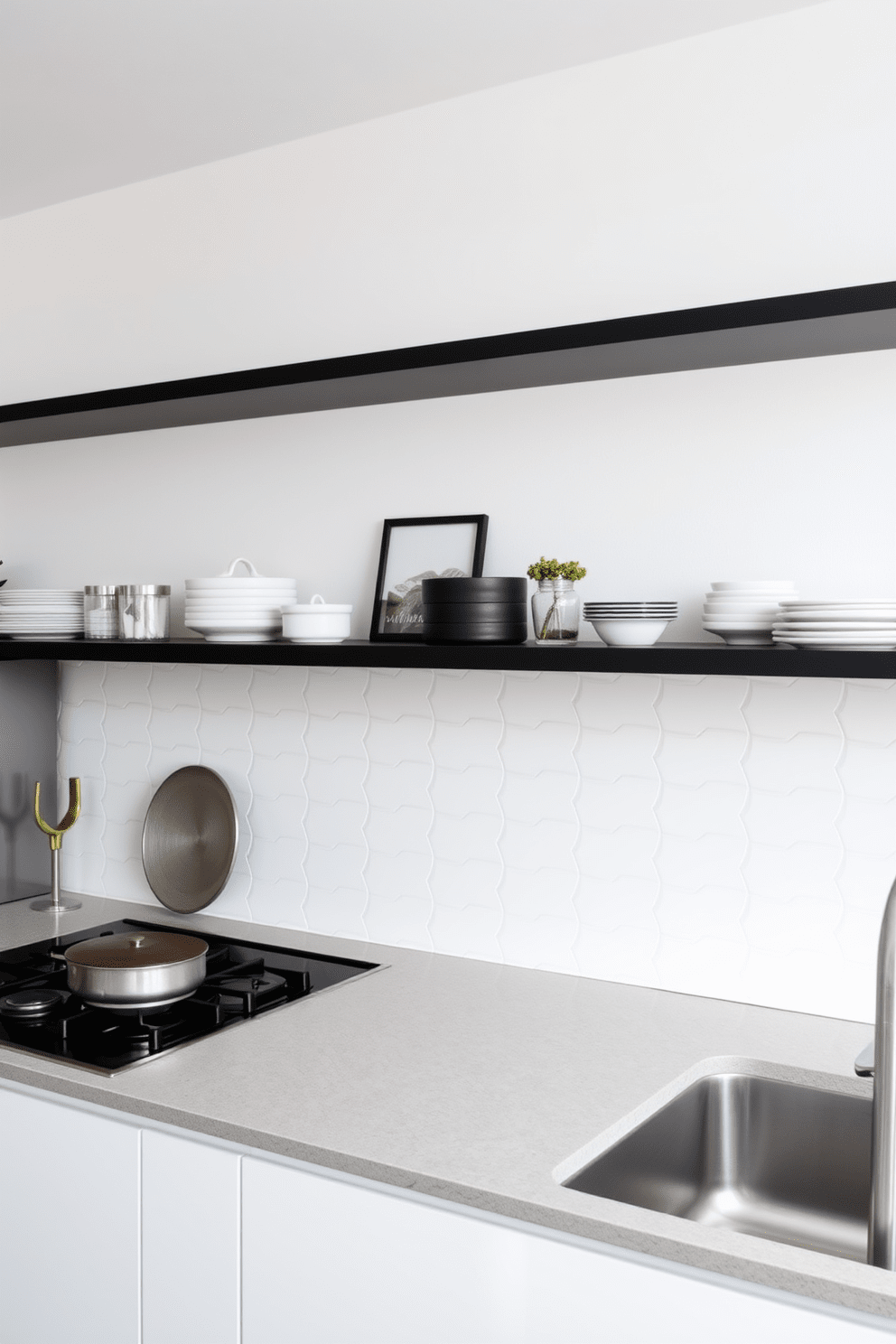 A modern kitchen featuring sleek porcelain tiles that offer both durability and elegance. The tiles are arranged in a herringbone pattern, creating a stylish backdrop for the cooking area. Above the countertop, a series of open shelves display curated kitchenware and decorative items. The walls are painted in a soft white, enhancing the brightness of the space and complementing the shiny tiles.