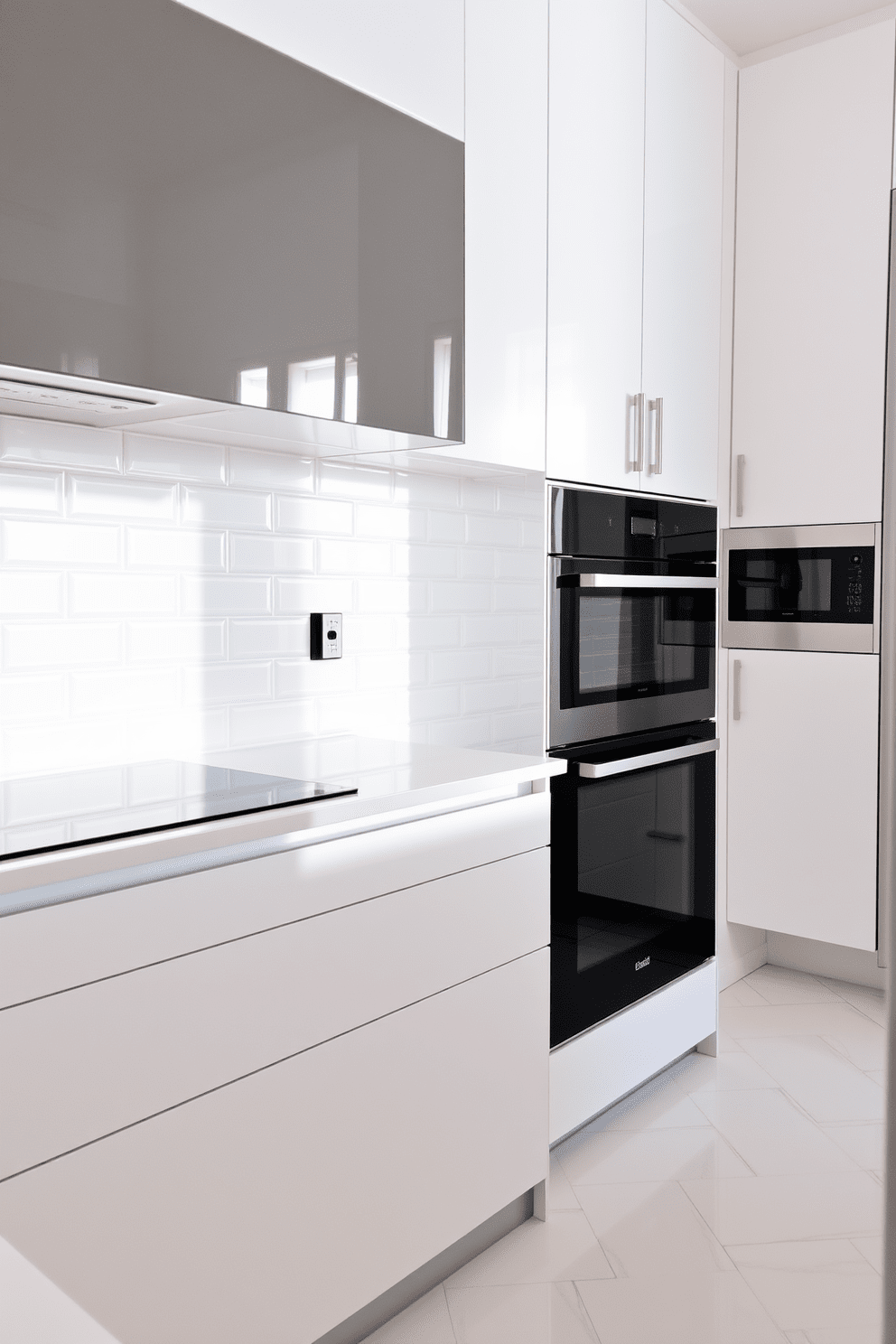 A modern kitchen featuring glossy finish tiles that reflect light beautifully, creating a bright and inviting atmosphere. The tiles are arranged in a herringbone pattern, adding a touch of elegance to the space. The cabinetry is sleek and minimalist, complementing the shiny tiles and enhancing the overall aesthetic. A stylish backsplash made of glossy tiles in a soft pastel color provides a subtle contrast to the cabinetry.