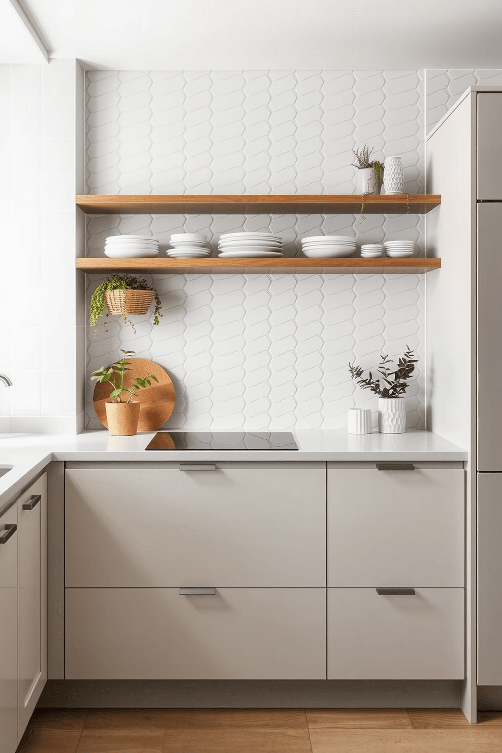 A serene kitchen space featuring soft matte tiles that exude understated elegance. The wall tiles are arranged in a subtle herringbone pattern, creating a sophisticated backdrop for the modern cabinetry. The color palette consists of soft whites and light grays, enhancing the airy feel of the room. Complementary open shelving displays curated dishware and plants, adding warmth and personality to the design.