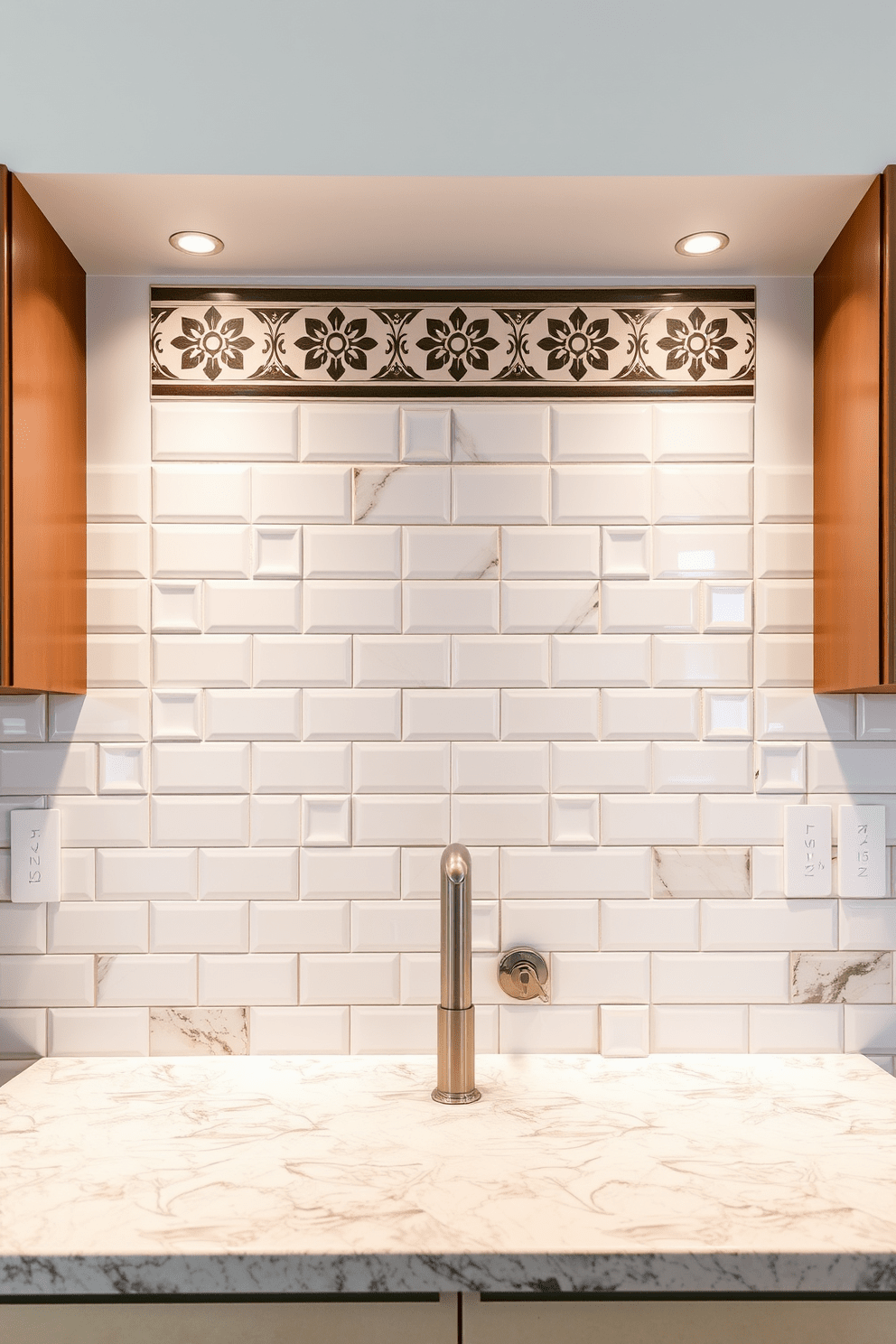 A stylish kitchen wall design featuring patterned border tiles that create an elegant framing effect. The tiles showcase intricate designs in a blend of colors that complement the overall kitchen aesthetic. The main wall is adorned with glossy subway tiles, while the patterned border tiles add a unique touch above the countertop. Soft lighting highlights the textures and colors of the tiles, enhancing the inviting atmosphere of the kitchen space.