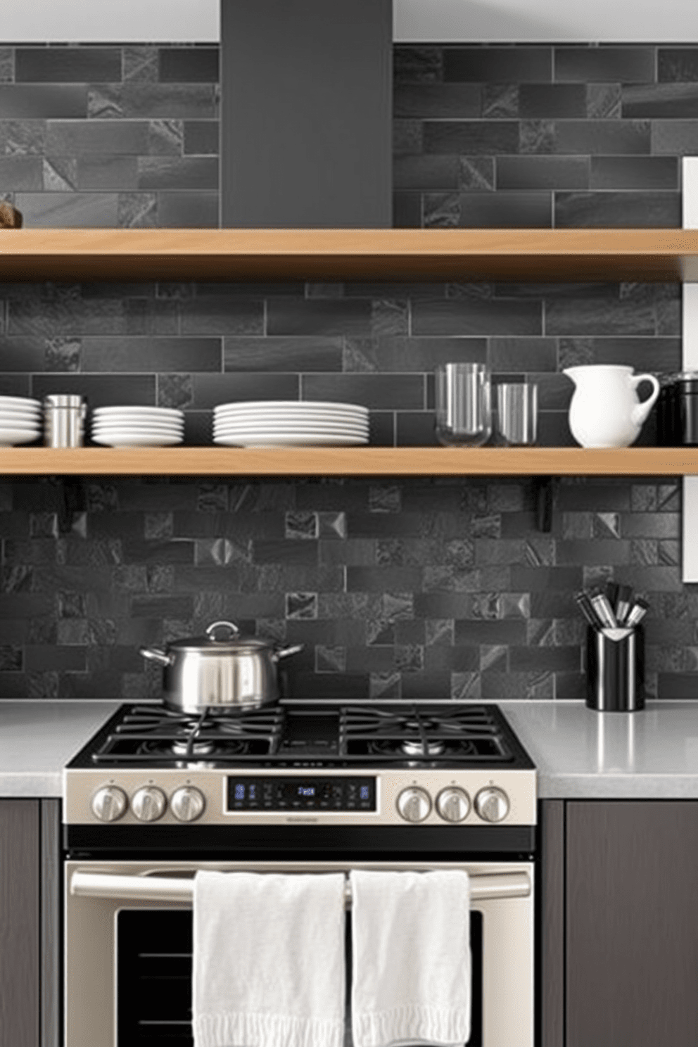 A modern kitchen featuring industrial style wall tiles that enhance the urban vibe. The tiles are a mix of dark grays and metallic finishes, creating a sleek and contemporary look. The backsplash showcases a geometric pattern that adds visual interest and texture. Stainless steel appliances complement the design, while open shelving displays stylish kitchenware.