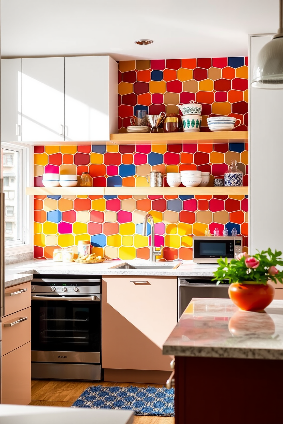 A vibrant kitchen featuring bold colored hexagon tiles that create a striking focal point on the walls. The tiles are arranged in an eye-catching pattern, complementing sleek cabinetry and modern appliances. Natural light floods the space, highlighting the rich colors of the tiles and enhancing the overall ambiance. A stylish backsplash adds texture, while open shelving displays decorative kitchenware for an inviting touch.