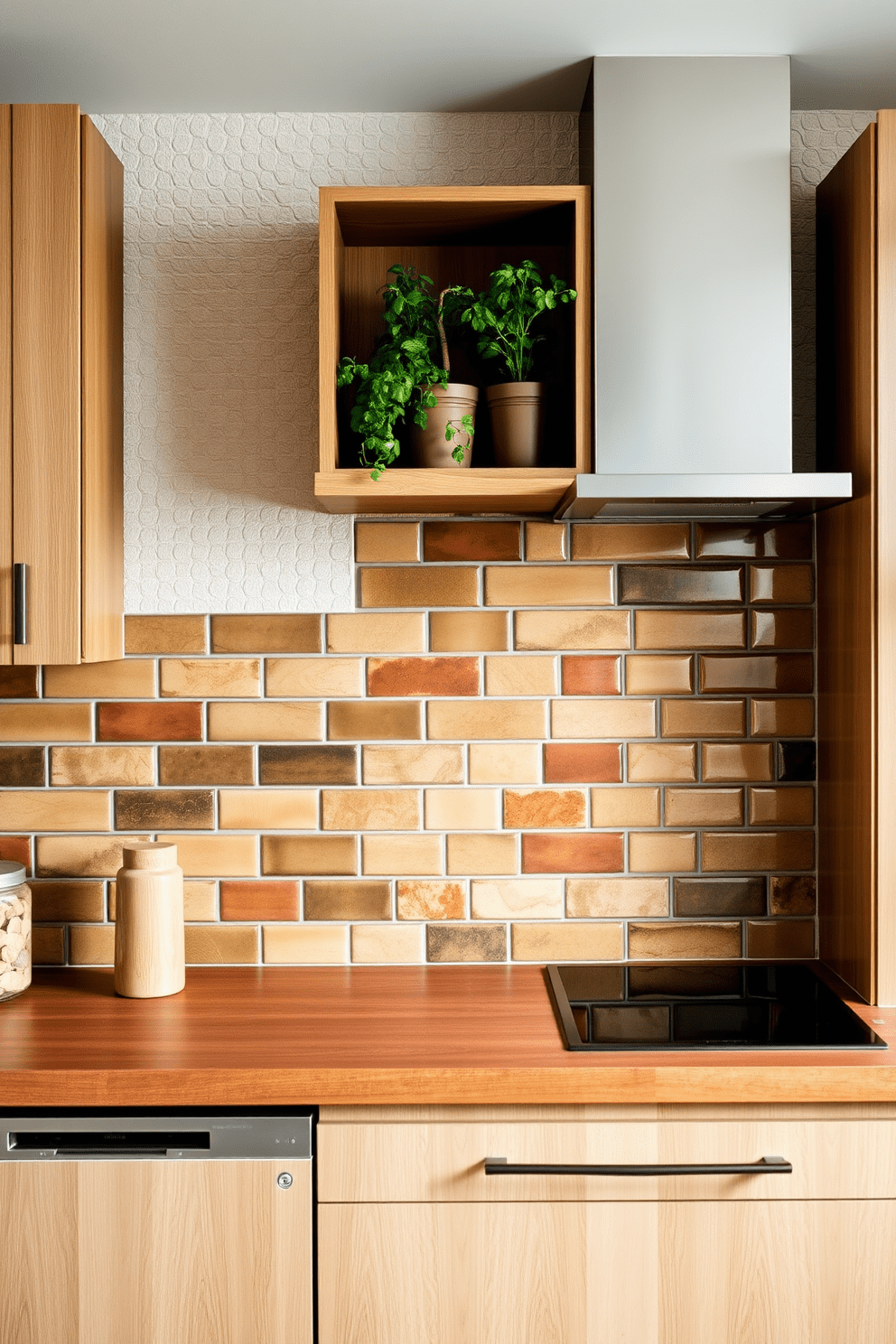 A kitchen featuring earthy tones to create a grounded atmosphere. The walls are adorned with textured tiles in warm browns and soft greens, complementing the natural wood cabinetry. The backsplash showcases a mix of matte and glossy tiles in varying shades of terracotta. A rustic wooden shelf displays potted herbs, adding a touch of nature to the inviting space.