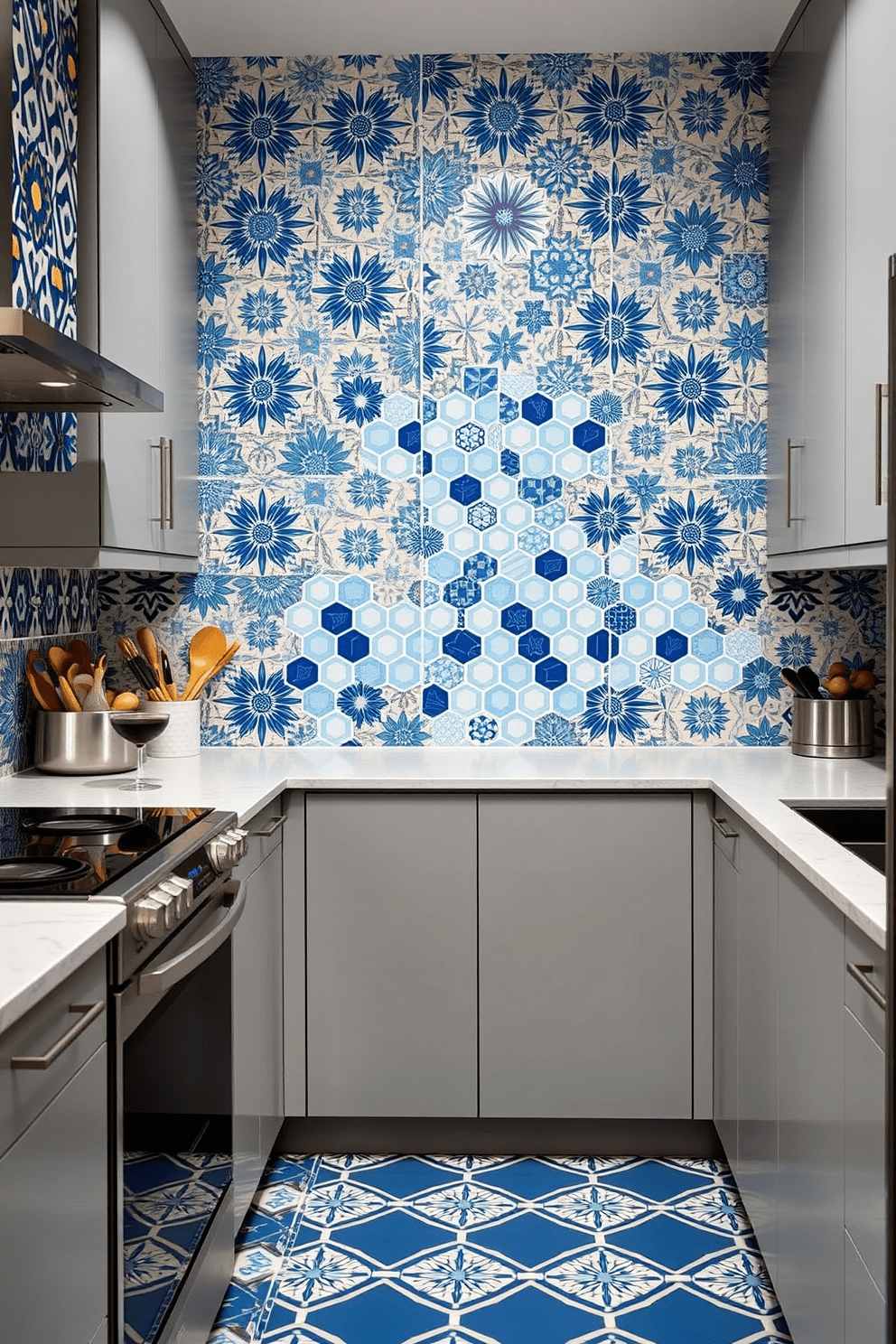 A contemporary kitchen featuring geometric patterned tiles that add a modern flair to the space. The walls are adorned with a mix of bold colors and intricate designs, creating a vibrant and dynamic atmosphere. The backsplash showcases a striking arrangement of hexagonal tiles in varying shades of blue and white. Sleek cabinetry complements the tiles, while stainless steel appliances provide a polished finish to the overall design.