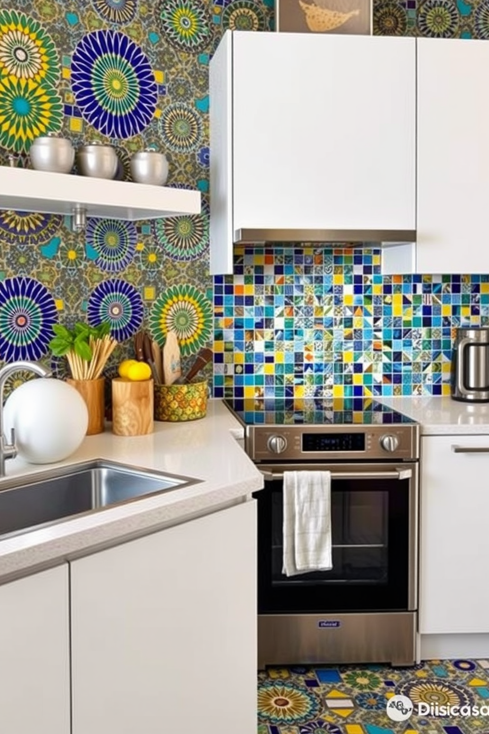 A kitchen adorned with mosaic tiles in vibrant hues creates a lively and creative atmosphere. The walls are a stunning blend of colors, featuring intricate patterns that inspire culinary adventures. The backsplash showcases a mix of blues, yellows, and greens, adding depth and character to the space. Complementing the tiles, sleek white cabinetry and modern stainless steel appliances enhance the overall design.