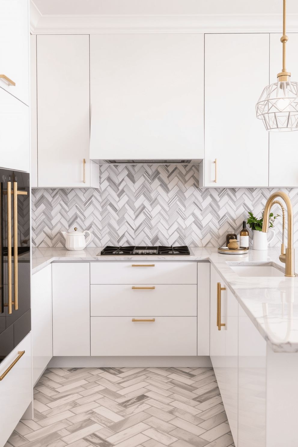 A kitchen featuring marble effect tiles that exude elegant sophistication. The tiles are arranged in a herringbone pattern, creating a visually striking backdrop for the sleek cabinetry. The color palette includes soft whites and grays, enhancing the light and airy feel of the space. Accents of brushed gold in the fixtures add a touch of luxury to the overall design.