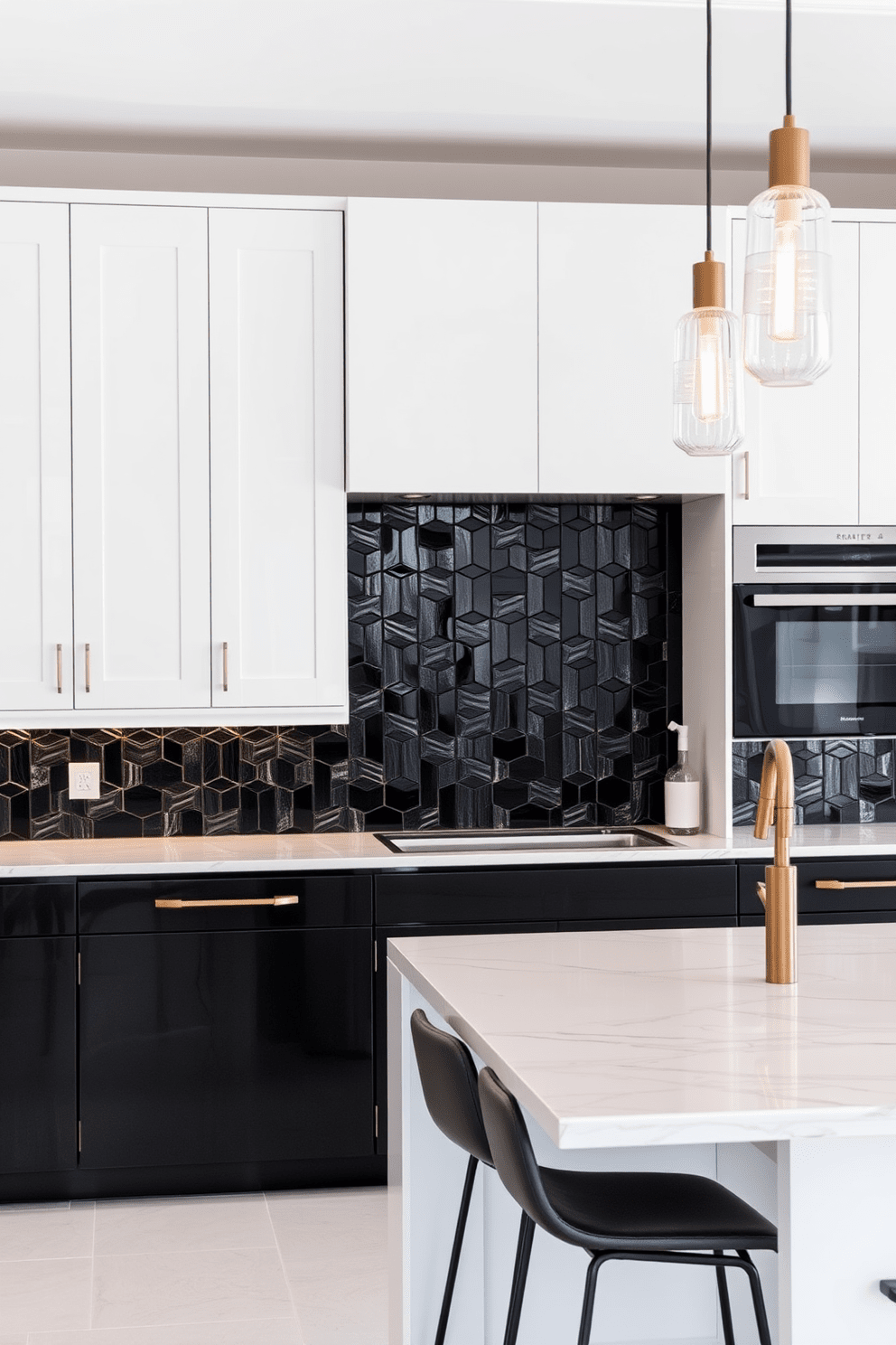 A modern kitchen featuring glossy black tiles that create a sleek contrast against white cabinetry. The backsplash is adorned with intricate geometric patterns in varying shades of gray, enhancing the contemporary aesthetic. The kitchen island boasts a polished marble countertop with subtle veining, complemented by stylish bar stools in a matte finish. Warm pendant lights hang above the island, casting a cozy glow over the space.