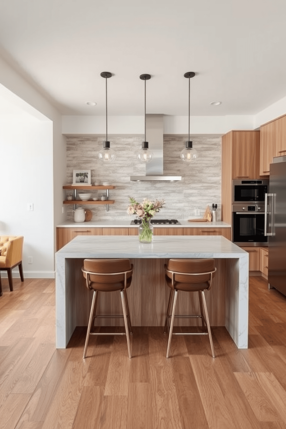 A cozy kitchen setting featuring wood-look tiles that create a warm and inviting ambiance. The walls are adorned with stylish ceramic tiles in a soft, neutral palette that complements the wooden tones of the flooring. The kitchen island showcases a beautiful quartz countertop with barstools arranged around it. Pendant lights hang above the island, adding a touch of elegance to the overall design.