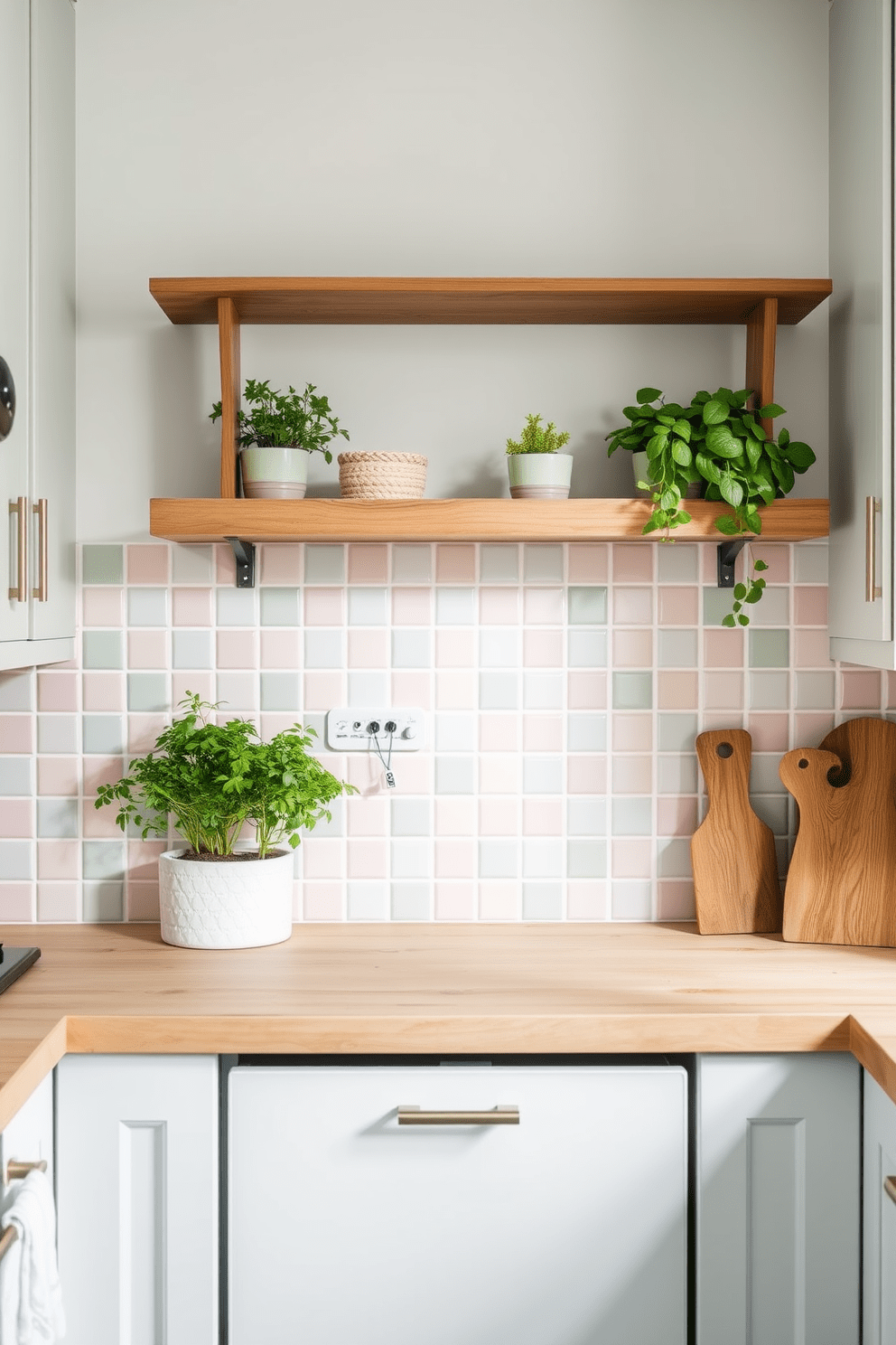 A serene kitchen space featuring pastel-colored tiles that create a soft and inviting atmosphere. The walls are adorned with a delicate pattern of light pink and mint green tiles, enhancing the overall warmth of the room. The backsplash is complemented by white cabinetry and natural wood accents, adding a touch of modern elegance. A rustic wooden shelf displays potted herbs, bringing a fresh and vibrant element to the design.