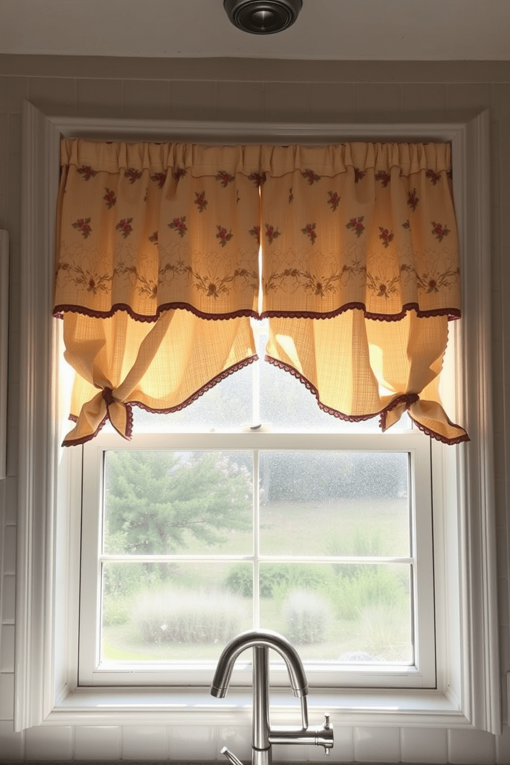 A cozy kitchen window adorned with charming cafe curtains that gently filter the sunlight. The curtains feature a delicate floral pattern, adding a touch of warmth and inviting a sense of home to the space.