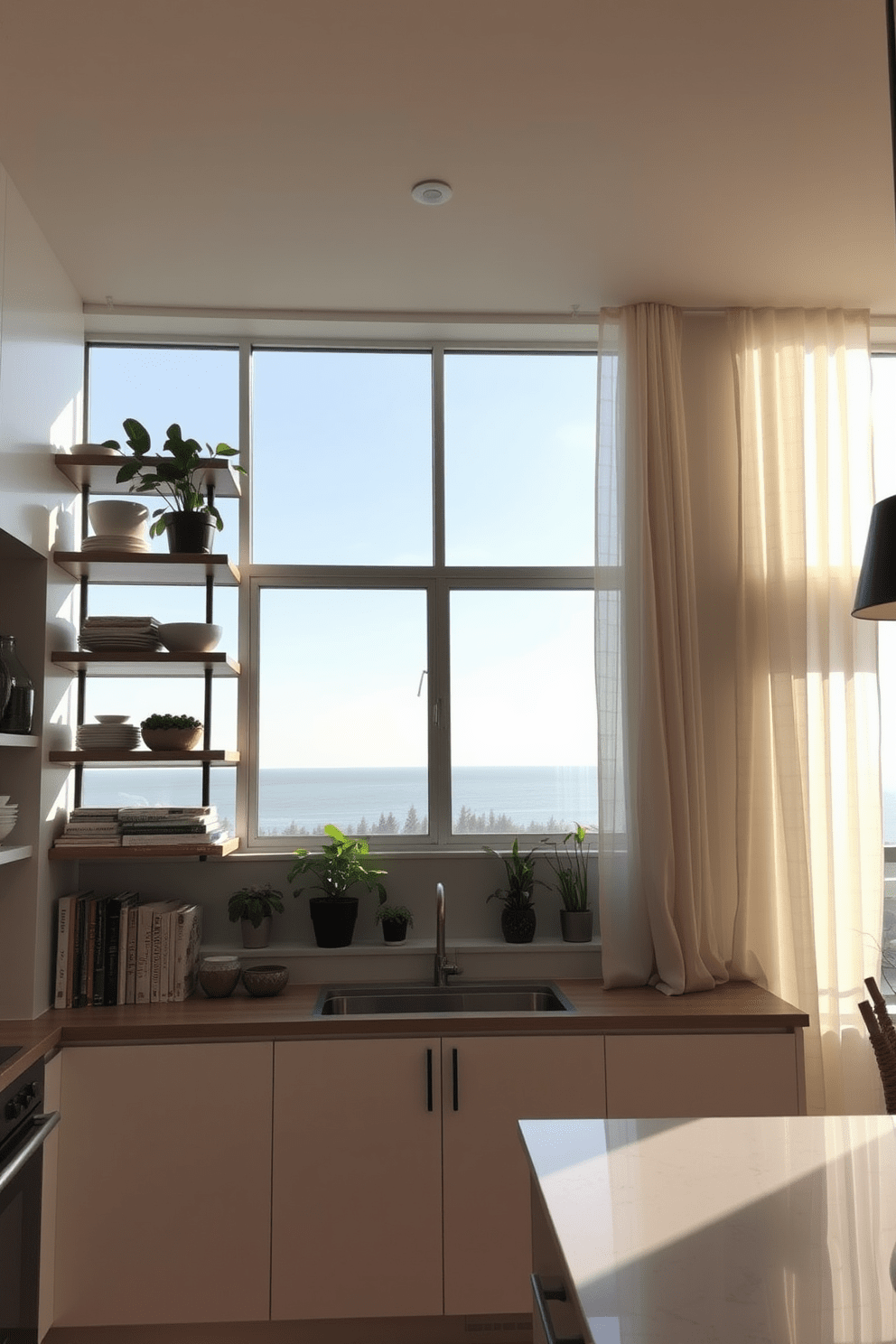 Open shelving near large windows allows for an abundance of natural light to illuminate the decor. The shelves are filled with carefully curated items such as plants, cookbooks, and decorative bowls, creating a warm and inviting atmosphere. The kitchen window features a sleek design with minimalistic frames that enhance the view outside. Soft, sheer curtains add a touch of elegance while allowing sunlight to filter in gently.