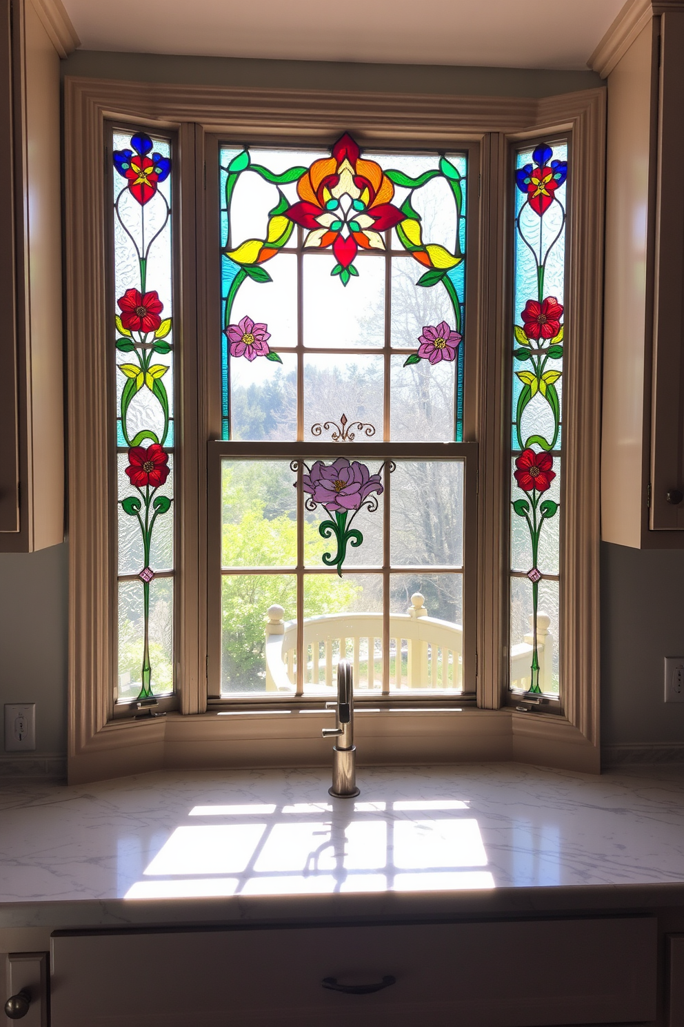 A kitchen window adorned with stained glass accents creates a vibrant focal point in the space. The colorful glass panels filter sunlight, casting beautiful patterns on the countertops and enhancing the overall aesthetic of the kitchen. The window design features intricate floral motifs that complement the surrounding cabinetry. Below the window, a cozy seating area invites relaxation while enjoying the view outside.