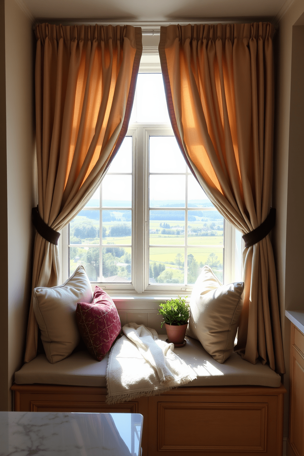 A cozy nook features a charming window seat adorned with plush cushions and a soft throw blanket. Natural light pours in through the large window, highlighting the warm wood tones of the seat and the surrounding decor. The kitchen window design showcases a beautiful view framed by elegant curtains that complement the overall color scheme. Potted herbs sit on the windowsill, adding a touch of greenery and functionality to the space.