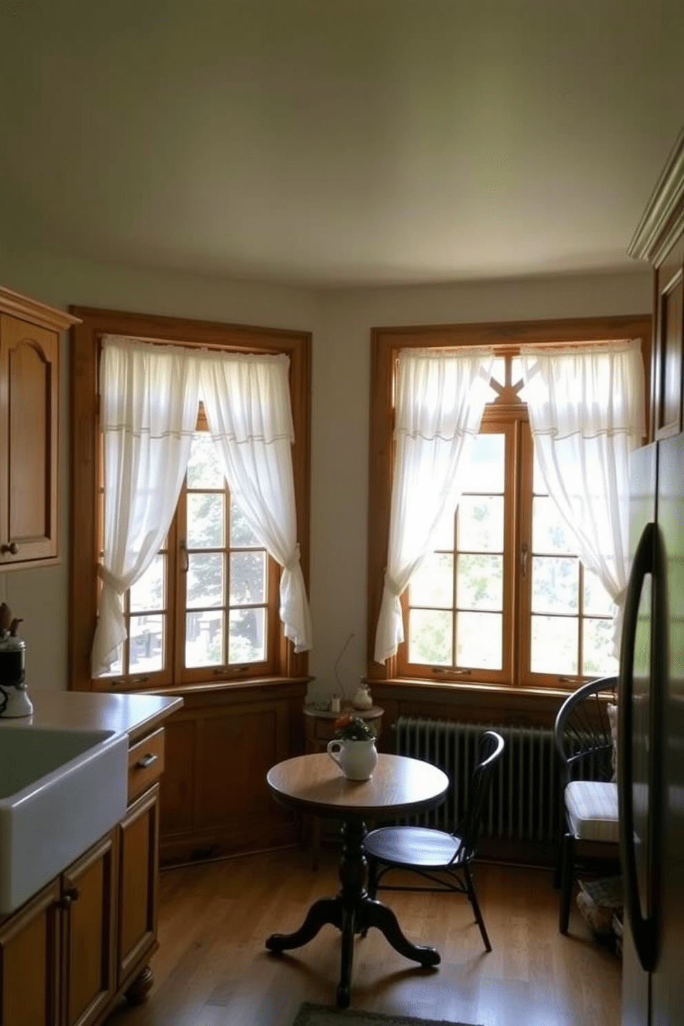 A charming kitchen featuring lattice windows that provide a rustic touch. The windows are adorned with delicate white curtains, allowing natural light to fill the space while maintaining privacy. The kitchen has a warm color palette with wooden cabinetry and a farmhouse sink. A cozy breakfast nook is positioned beneath the lattice windows, complete with a round table and comfortable seating.