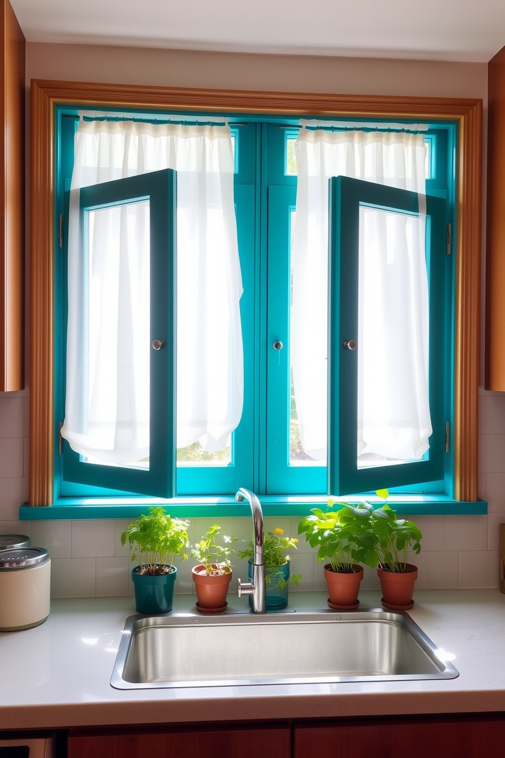 A vibrant kitchen window design featuring bold colored frames that draw attention. The window is adorned with sheer white curtains that softly filter the sunlight, enhancing the lively atmosphere of the space. The frames are painted in a striking teal color, contrasting beautifully with the warm wood tones of the kitchen cabinetry. Potted herbs are placed on the windowsill, adding a touch of greenery and a functional element to the design.