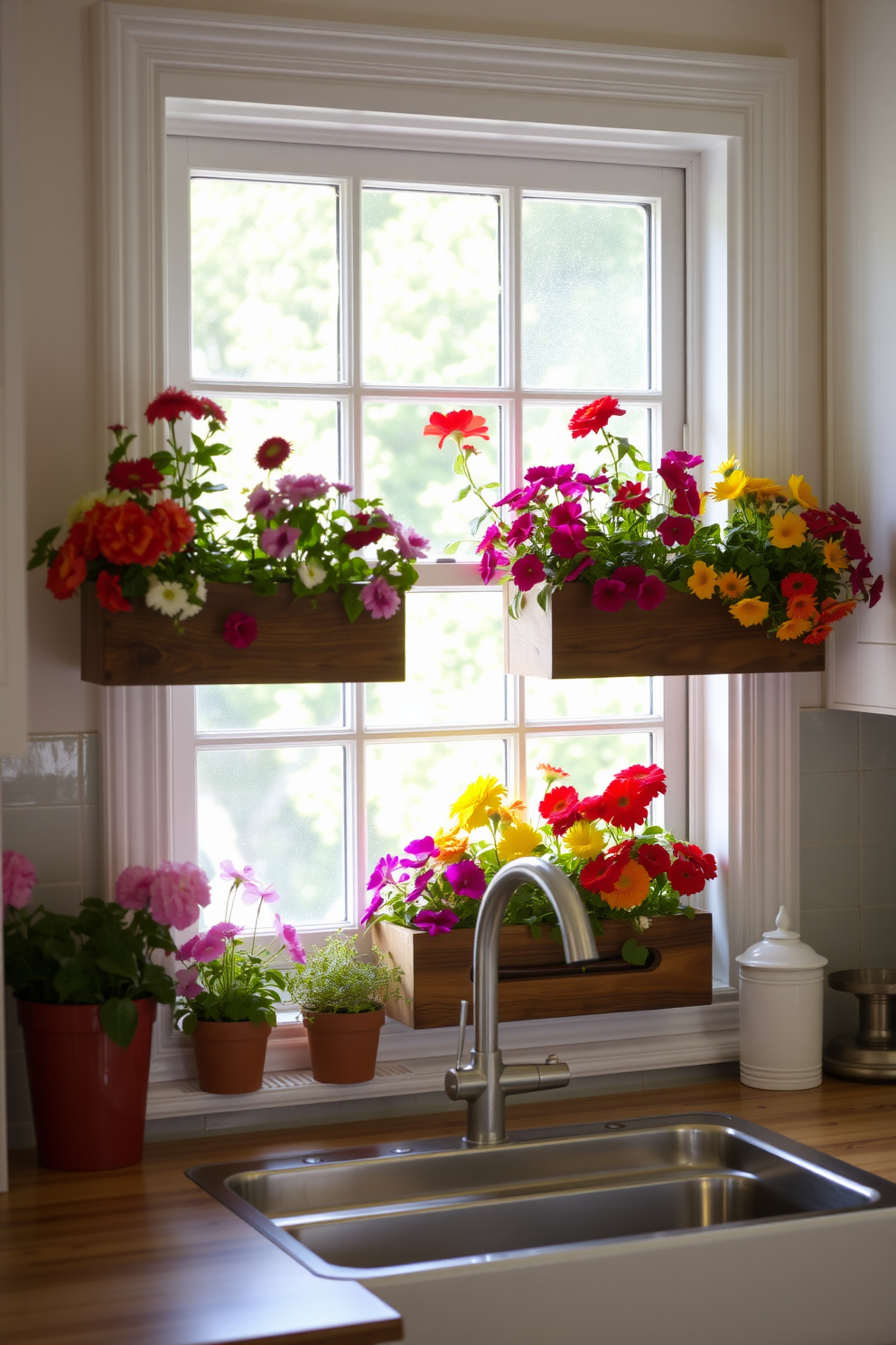 A charming kitchen window adorned with vibrant window boxes overflowing with seasonal flowers. The boxes are crafted from rustic wood, adding a touch of warmth and character to the bright, airy kitchen space.