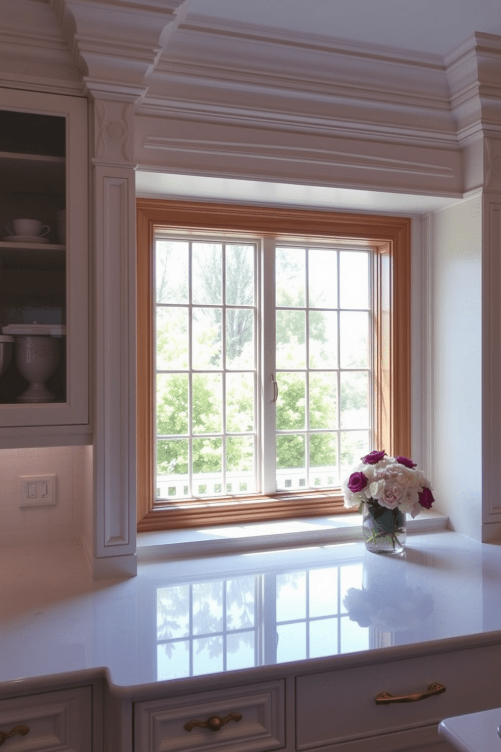 A beautifully designed kitchen featuring decorative molding that adds architectural interest to the space. The molding is intricately detailed, enhancing the elegance of the room and drawing the eye upward. The kitchen window is framed with custom wood trim that complements the cabinetry. Natural light floods the room, highlighting the sleek countertops and creating a warm and inviting atmosphere.