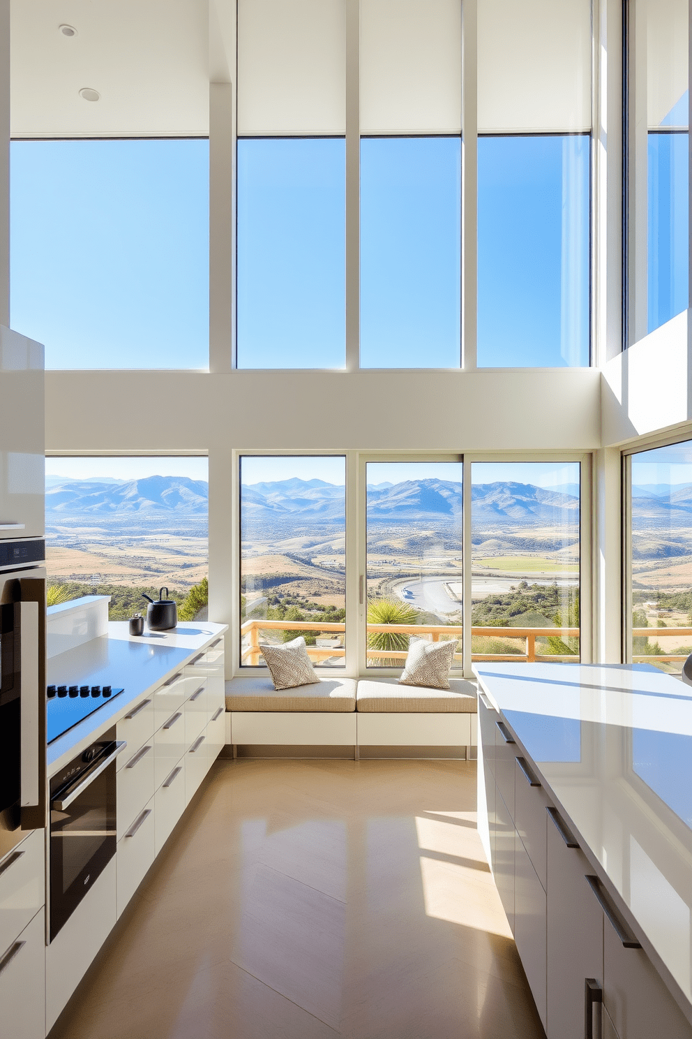 A bright and airy kitchen features floor-to-ceiling windows that frame stunning panoramic views of the surrounding landscape. The natural light floods the space, highlighting the sleek cabinetry and modern appliances. The kitchen window design includes large sliding glass doors that seamlessly connect the indoor and outdoor areas. A cozy breakfast nook is positioned near the windows, offering a perfect spot to enjoy morning coffee while taking in the views.