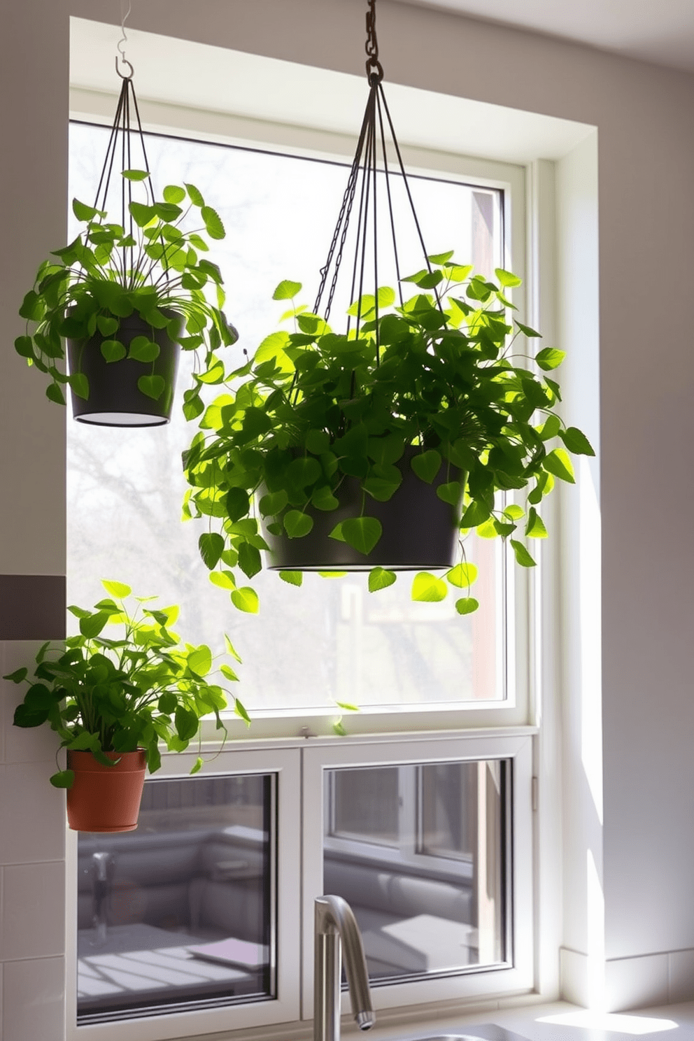 Hanging planters filled with lush greenery are suspended just above the kitchen windows, creating a vibrant and inviting atmosphere. The natural light filters through the leaves, casting beautiful shadows on the walls and enhancing the overall aesthetic of the space. The kitchen window design features sleek, modern frames that complement the hanging planters. With a combination of open and closed storage, the window area becomes a functional yet stylish focal point in the kitchen.