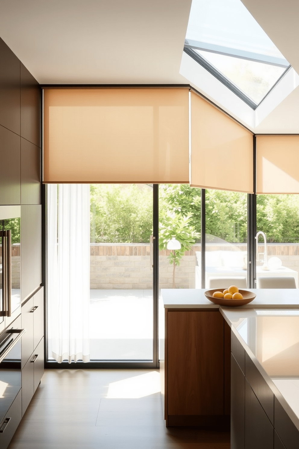 A modern kitchen featuring retractable screens that seamlessly open to allow fresh air access. The screens are framed in sleek black metal and blend effortlessly with the surrounding cabinetry. The kitchen window design includes large, floor-to-ceiling panes that flood the space with natural light. The windows are adorned with minimalist sheer curtains that gently diffuse the sunlight while maintaining a clean aesthetic.