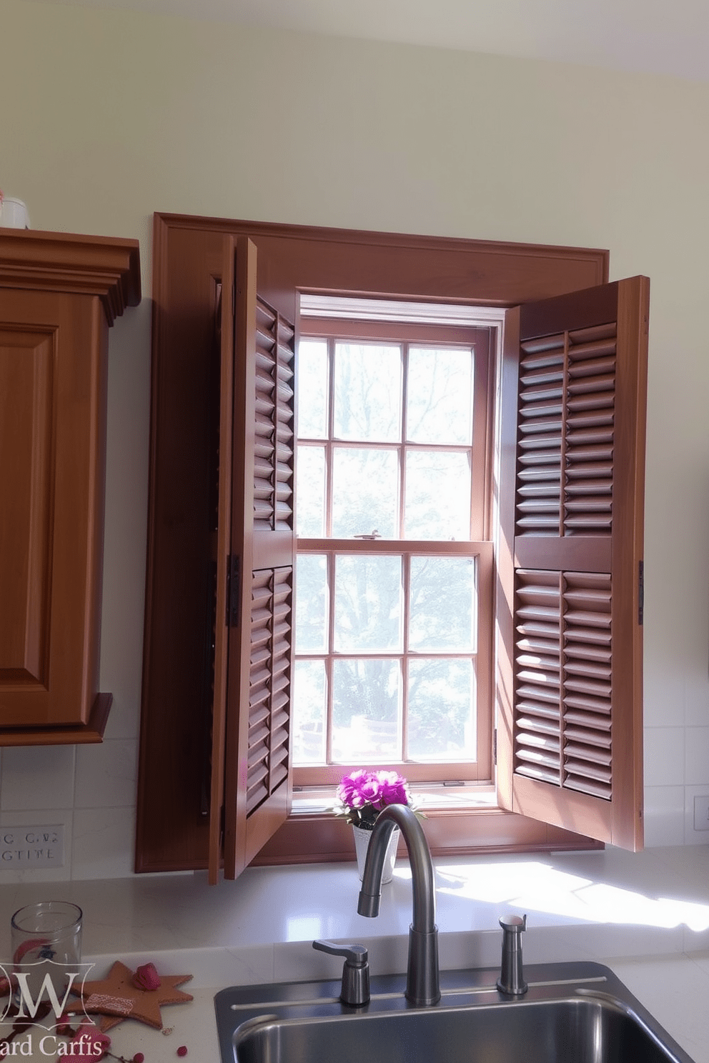 A charming kitchen window adorned with wooden shutters adds a touch of traditional elegance. The shutters are painted in a soft white hue, complementing the warm wood cabinetry and allowing natural light to filter in beautifully.