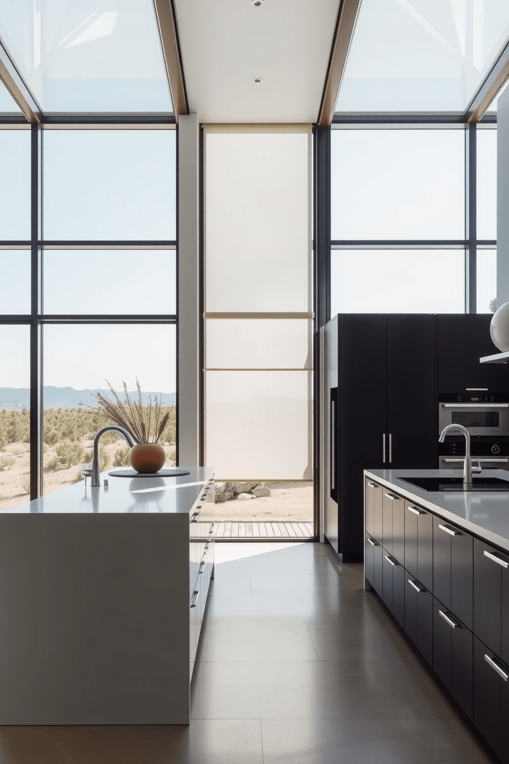 A sleek kitchen featuring large minimalist frames that enhance the modern aesthetic. Natural light pours in through the expansive window, illuminating the clean lines of the cabinetry and countertops. The window design incorporates a seamless transition between indoor and outdoor spaces. A simple yet elegant window treatment complements the minimalist theme, allowing for unobstructed views of the surrounding landscape.