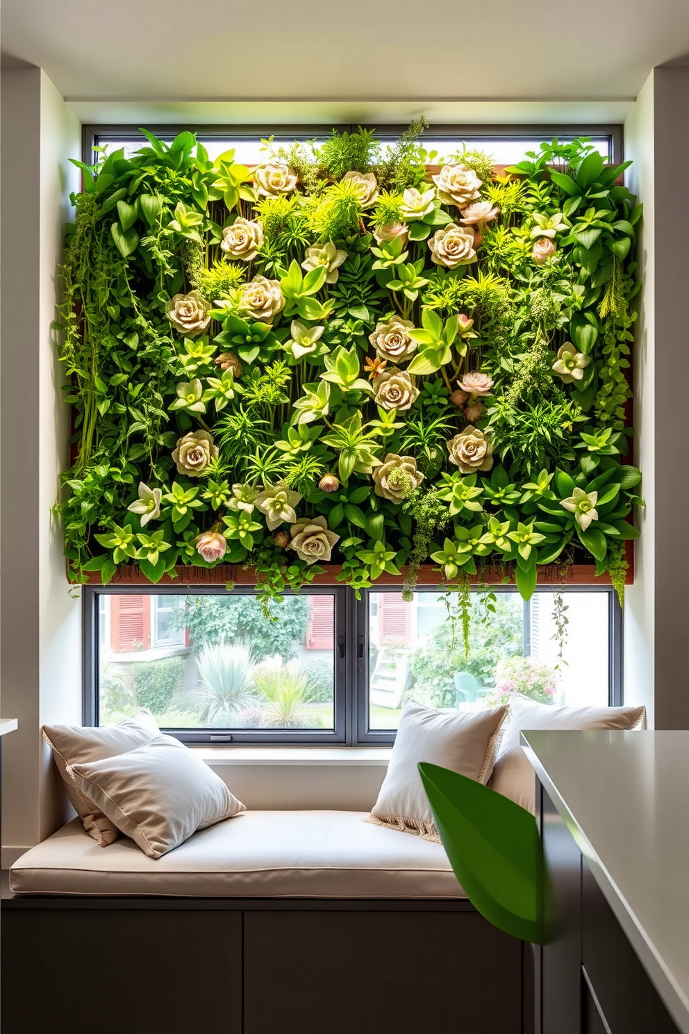 A stunning vertical garden filled with lush greenery creates a vibrant focal point in the room. The plants are arranged in a variety of textures and heights, enhancing the natural beauty of the space. The kitchen window features a sleek design with large panes that allow ample natural light to flood in. A cozy window seat with plush cushions invites relaxation while offering a perfect view of the garden outside.