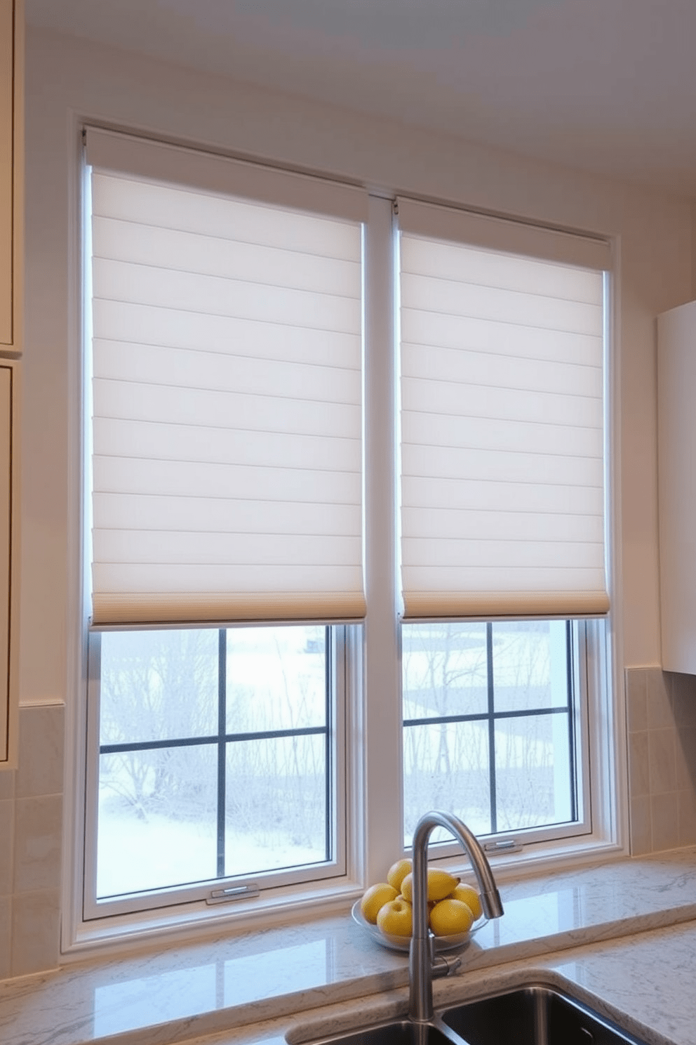 A modern kitchen window design features integrated blinds that seamlessly blend into the window frame. The sleek lines of the blinds enhance the overall aesthetic, providing a streamlined look that complements contemporary cabinetry and countertops.