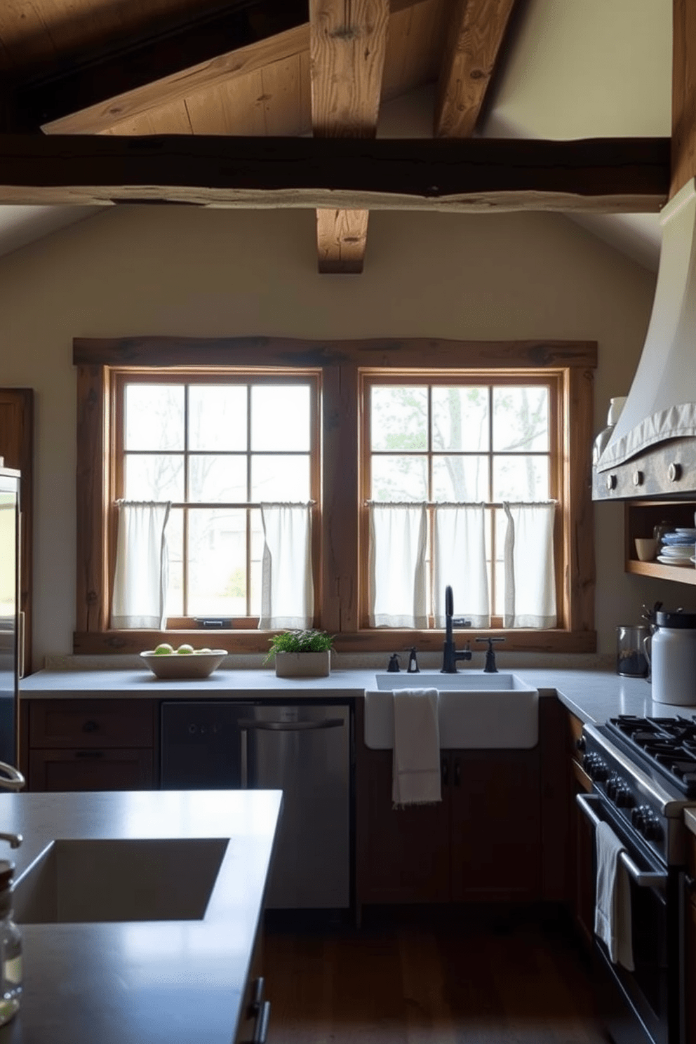 A cozy farmhouse kitchen featuring rustic wood frames around large windows that allow natural light to flood the space. The windows are adorned with simple linen curtains, complementing the warm tones of the wooden cabinetry and exposed beams above.