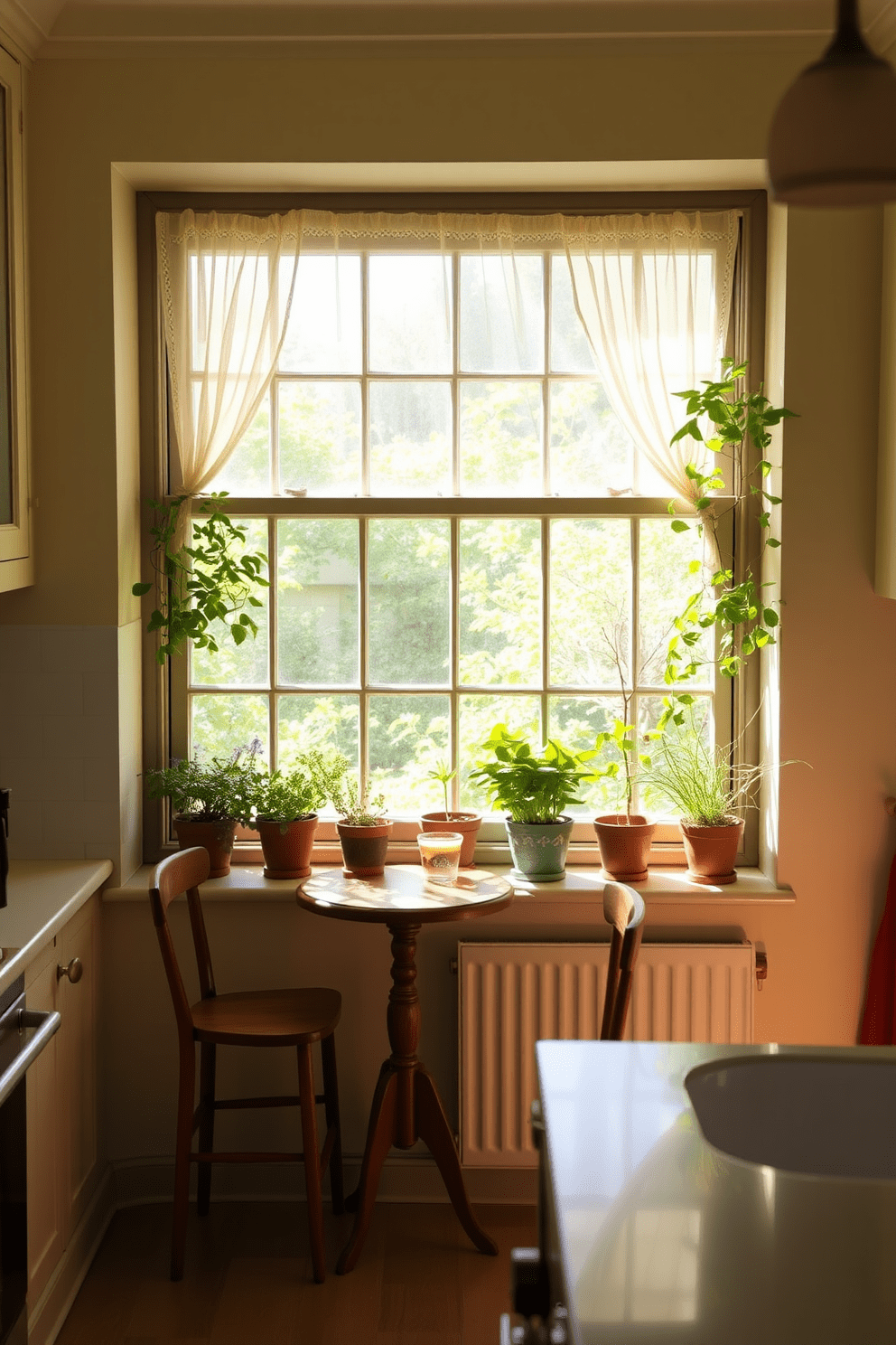 A charming kitchen featuring garden windows that allow ample sunlight to pour in, creating a vibrant space for growing fresh herbs and plants. The windows are adorned with delicate sheer curtains, and potted herbs like basil and rosemary thrive on the sill, adding both beauty and functionality to the kitchen. The design incorporates a cozy nook beneath the garden windows, with a small wooden table and two chairs for enjoying morning coffee. The surrounding walls are painted in a soft cream color, complementing the green of the plants and enhancing the overall warmth of the kitchen.