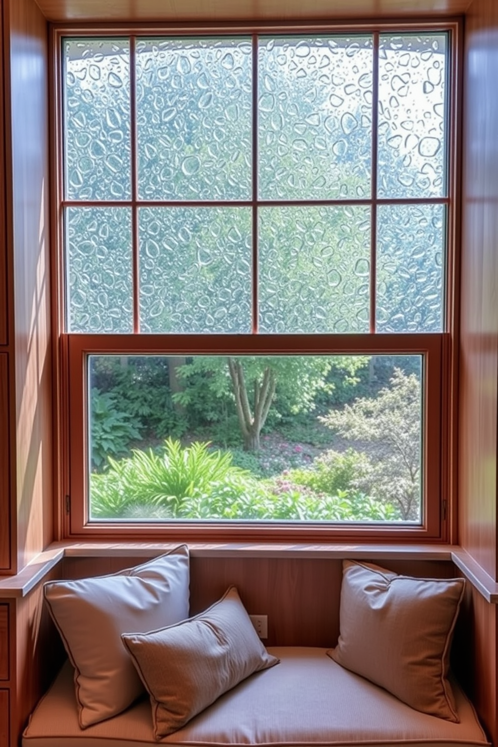 A kitchen window featuring textured glass that enhances the play of light throughout the space. The window is framed with natural wood, complementing the warm tones of the cabinetry and countertops. Below the window, a cozy window seat is adorned with plush cushions in soft fabrics. The view outside showcases a lush garden, bringing a touch of nature indoors.