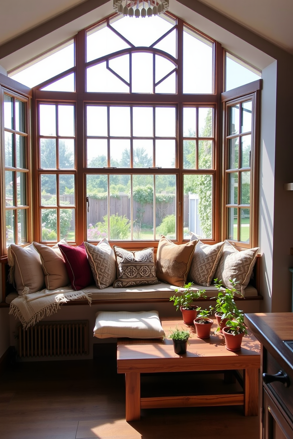 A cozy seating area features bay windows that extend outward, creating a nook filled with plush cushions and soft throws. Natural light floods the space, highlighting the warm wooden accents and inviting atmosphere. The kitchen window design showcases a large, framed window with a charming grid pattern, allowing for a picturesque view of the garden. Below the window, a rustic wooden bench provides additional seating, adorned with potted herbs for a touch of greenery.