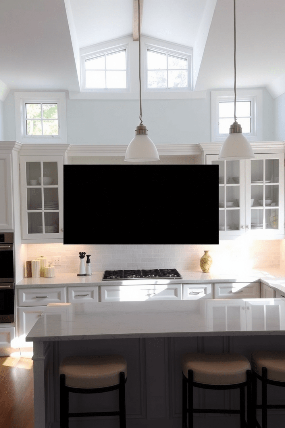 A bright and airy kitchen featuring transom windows above the cabinets that allow natural light to flood the space. The cabinets are painted in a soft white, creating a fresh and inviting atmosphere while the transom windows add a touch of elegance. The kitchen island is topped with a beautiful quartz countertop, complemented by stylish bar stools. Subtle pendant lights hang above the island, enhancing the overall design while providing functional lighting.