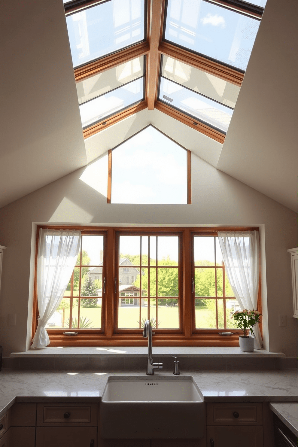 A bright and airy kitchen filled with natural light from large skylights that stretch across the ceiling. The skylights create a warm ambiance, enhancing the modern design of the space. A cozy kitchen featuring a large window above the sink that frames a picturesque garden view. The window design includes elegant wooden frames and is adorned with sheer white curtains that gently filter the sunlight.