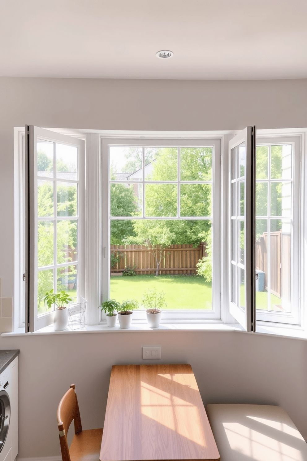 A bright and airy kitchen featuring large casement windows that open outward for optimal ventilation. The windows are framed in white, allowing natural light to flood the space and highlighting the sleek, modern cabinetry. The window sill is adorned with potted herbs, adding a touch of greenery to the design. Below the windows, a cozy breakfast nook with a wooden table and comfortable seating invites family gatherings and casual meals.