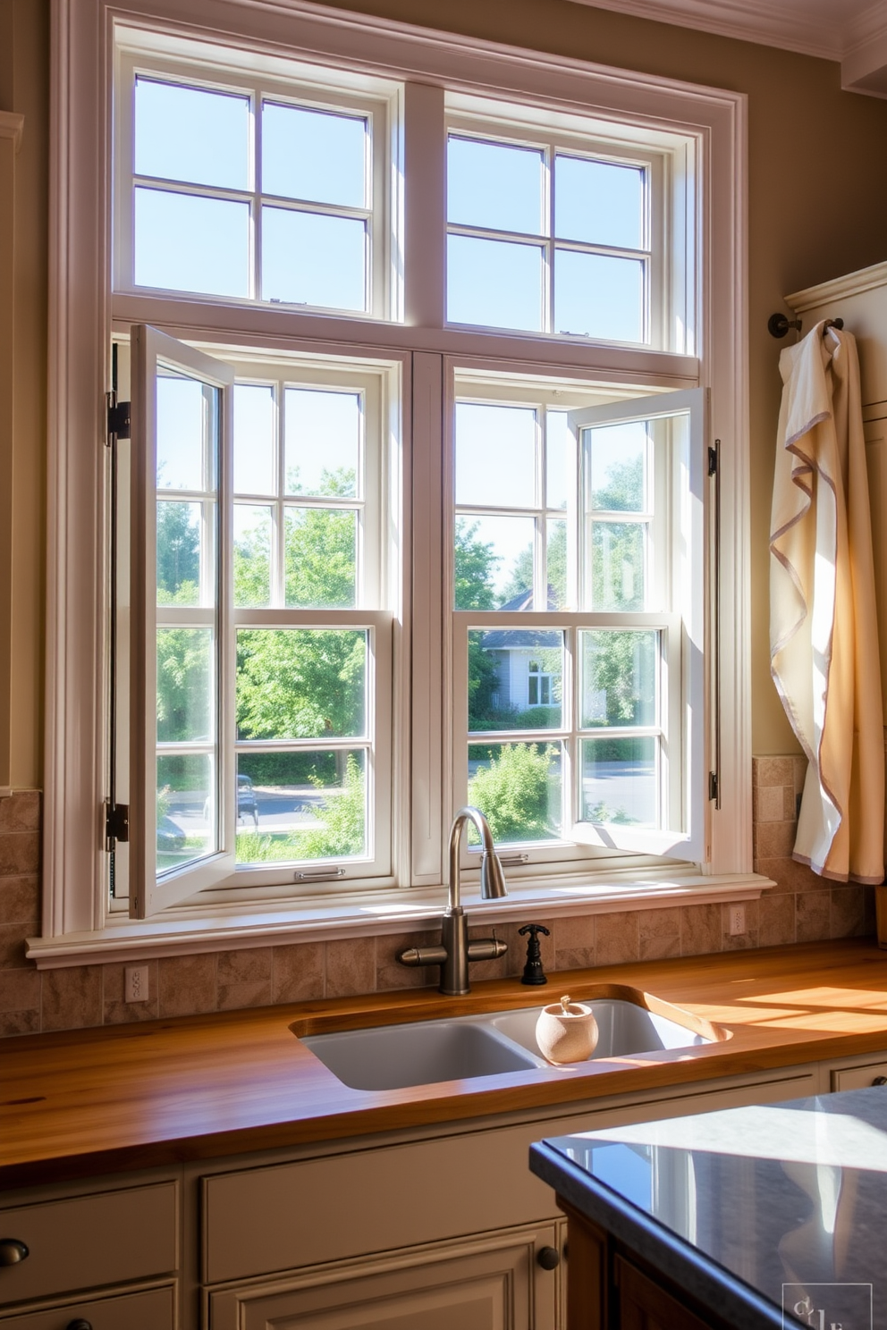 A classic kitchen features double-hung windows that allow ample natural light to fill the space. The windows are framed in white wood, complementing the warm tones of the cabinetry and countertops. The view outside showcases a well-maintained garden, adding a touch of greenery to the kitchen ambiance. Soft curtains in a light fabric gently sway with the breeze, enhancing the inviting atmosphere of the room.