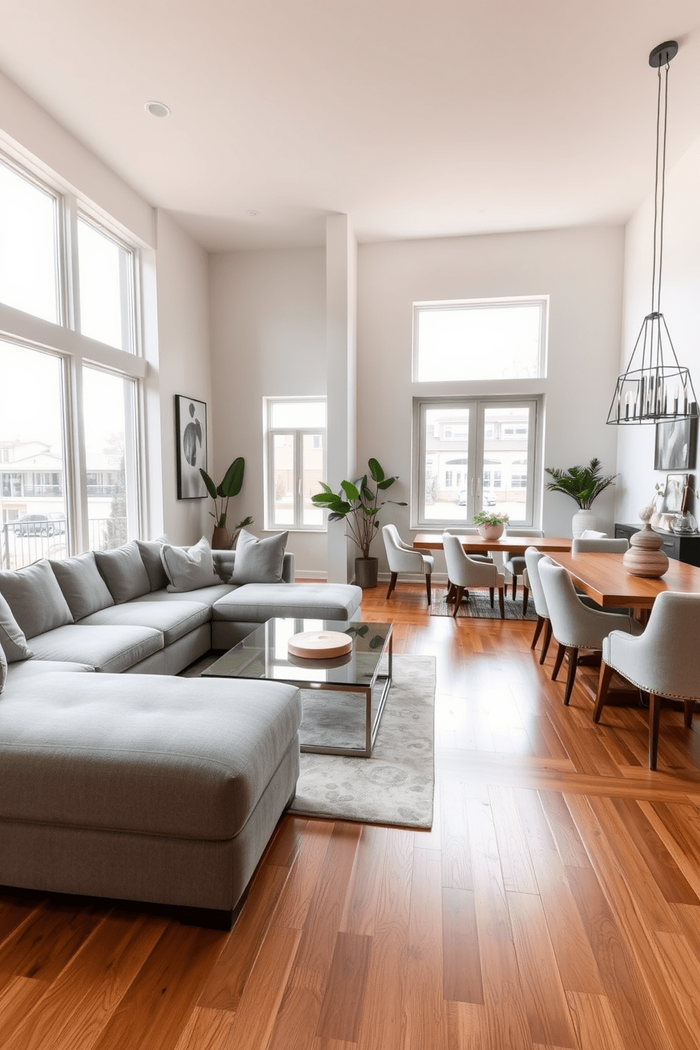 A spacious open concept living and dining area features a large sectional sofa in a soft gray fabric, complemented by a sleek glass coffee table. The dining space includes a modern wooden table surrounded by stylish upholstered chairs, creating a seamless flow between the two areas. Large windows allow natural light to flood the space, highlighting the warm wood flooring and neutral color palette. Decorative elements such as abstract artwork and potted plants add personality and warmth to the overall design.