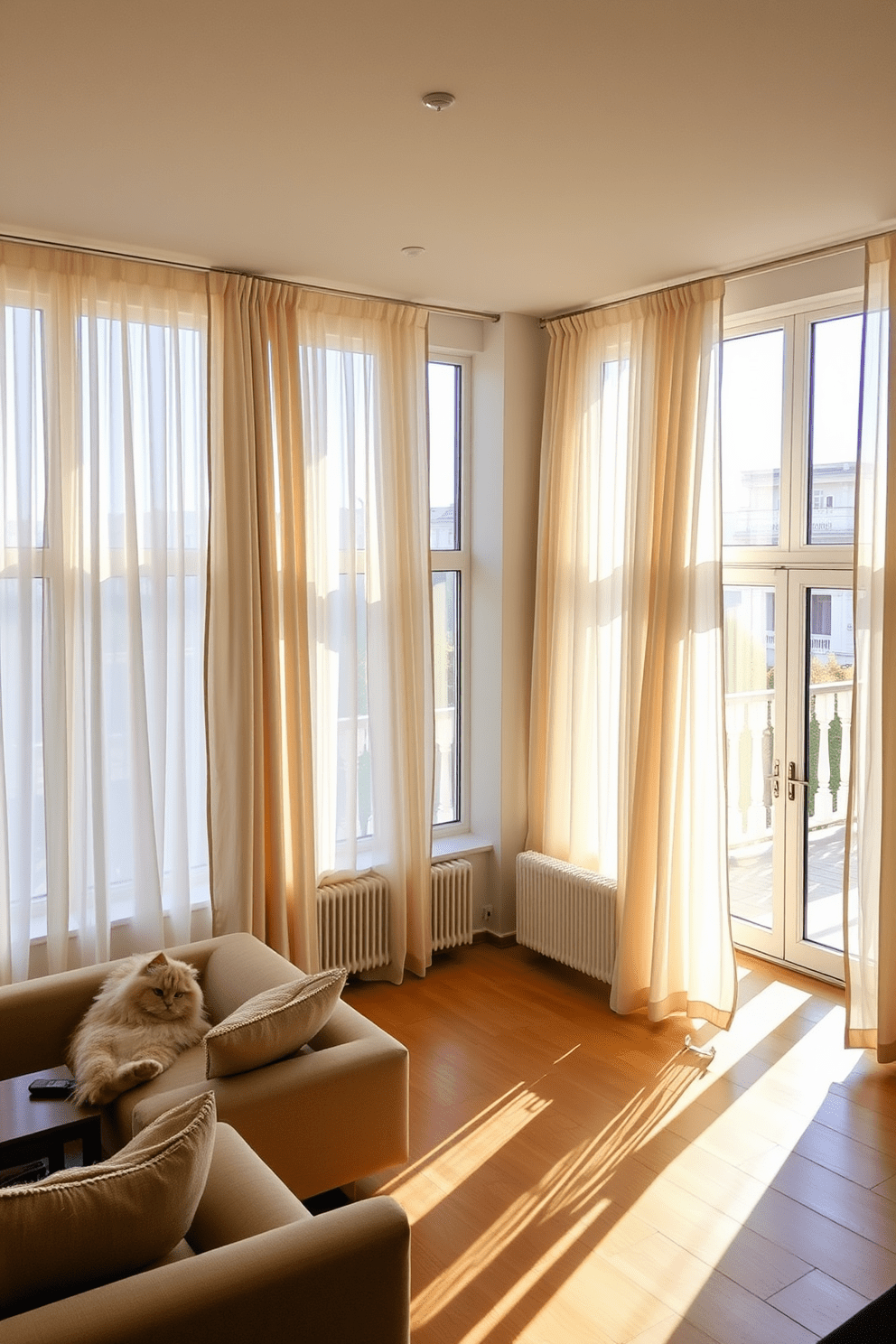 A bright and airy L-shaped apartment features large windows adorned with light, flowing curtains that gently filter sunlight into the space. The open layout seamlessly connects the living area and kitchen, creating a warm and inviting atmosphere perfect for relaxation and entertaining.