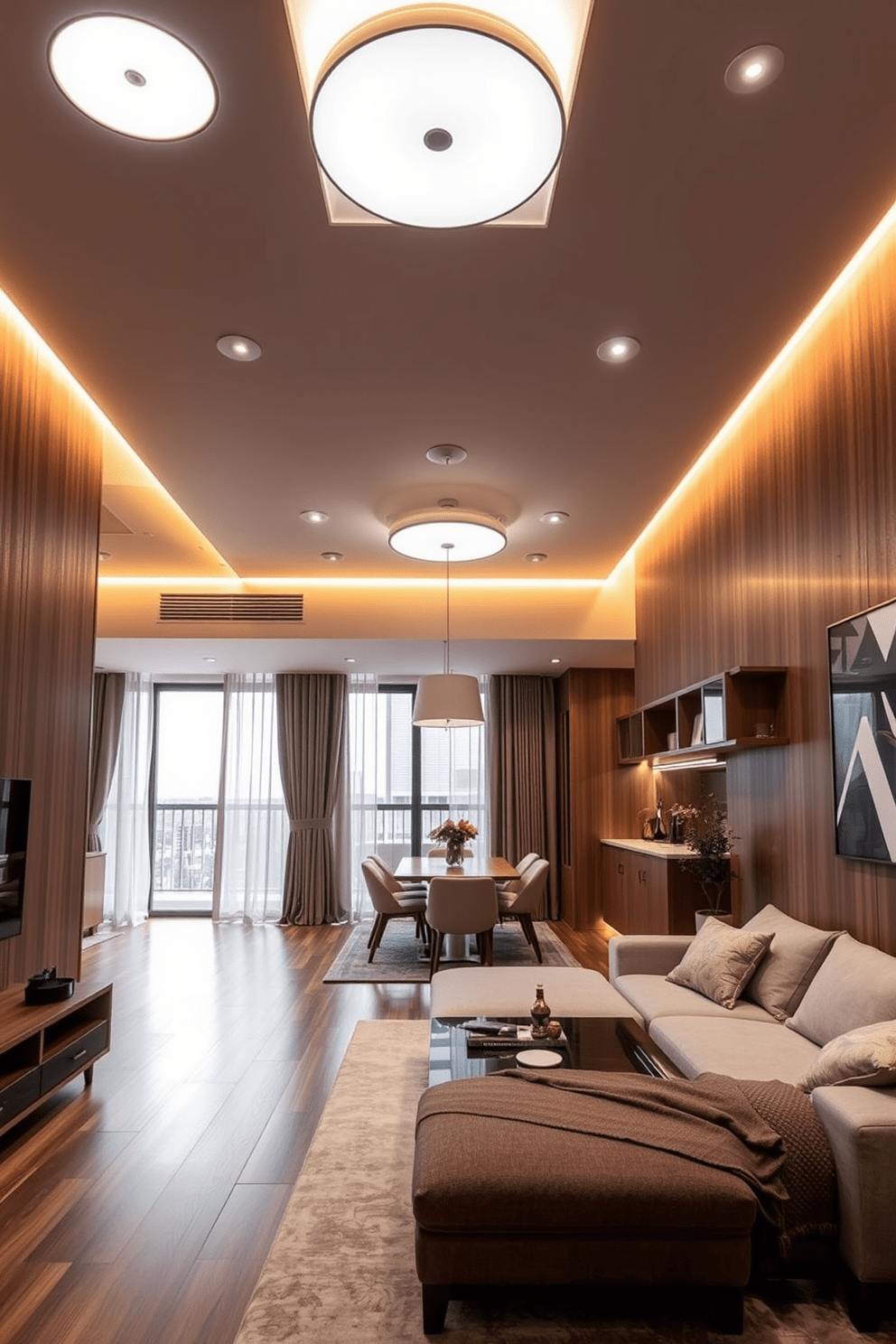 Smart lighting for ambiance and functionality. The space features adjustable LED lights embedded in the ceiling that can change color and intensity. L-Shaped apartment design ideas. The layout includes an open living area that flows seamlessly into a cozy dining nook, maximizing space and natural light.