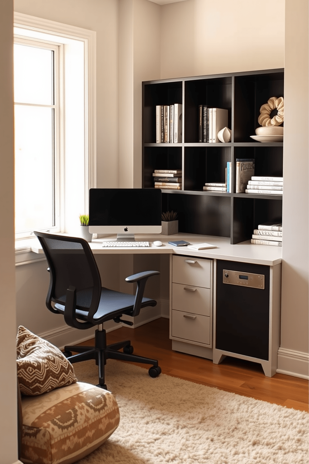 Create a cozy workspace featuring a desk nook that maximizes efficiency and style. The nook is designed with a sleek L-shaped desk positioned near a window, allowing natural light to illuminate the space. Incorporate a comfortable ergonomic chair and stylish shelving units to hold books and decorative items. The walls are painted in a soft neutral tone, and the floor is adorned with a plush area rug to add warmth and texture.