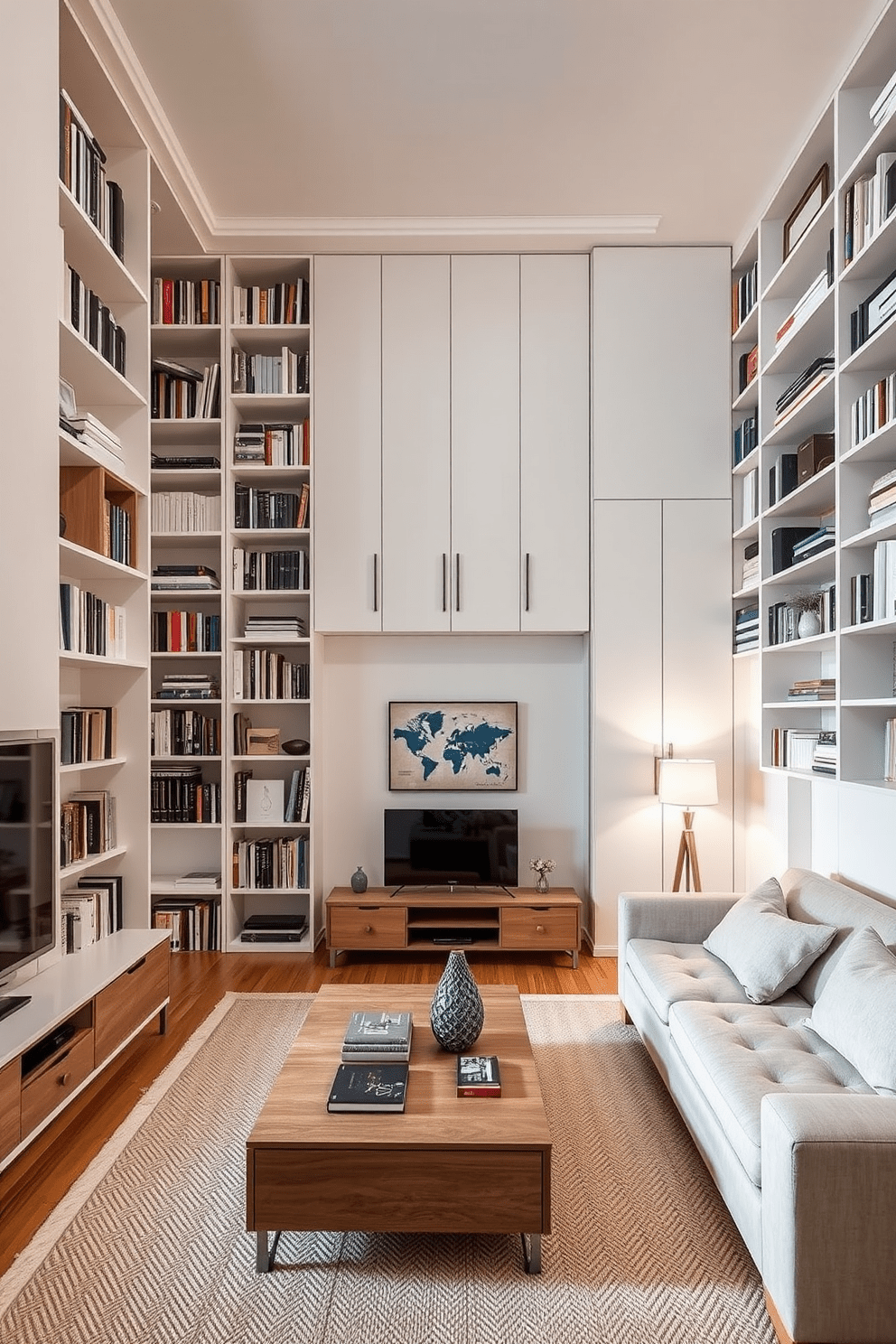 Create an L-shaped apartment design that maximizes vertical storage solutions. Incorporate tall bookshelves and cabinets that extend to the ceiling, utilizing every inch of wall space for organized storage. Include multi-functional furniture such as a sofa bed and a coffee table with hidden compartments. Use light colors and mirrors to enhance the sense of space and brightness in the apartment.