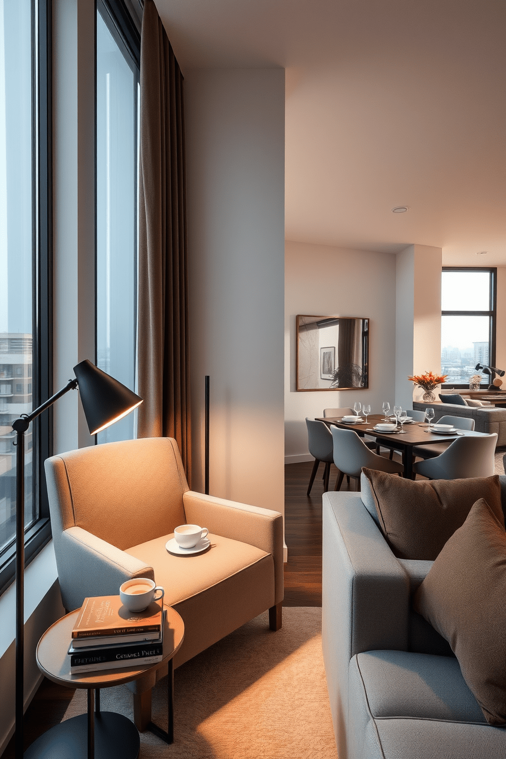 Cozy reading nook in corner space with a plush armchair upholstered in soft fabric. A small side table holds a steaming cup of tea and a stack of well-loved books, while a floor lamp casts a warm glow over the area. L-shaped apartment design features an open layout with a seamless flow between living and dining areas. Large windows allow natural light to flood the space, highlighting a modern sofa and a stylish dining table set for four.